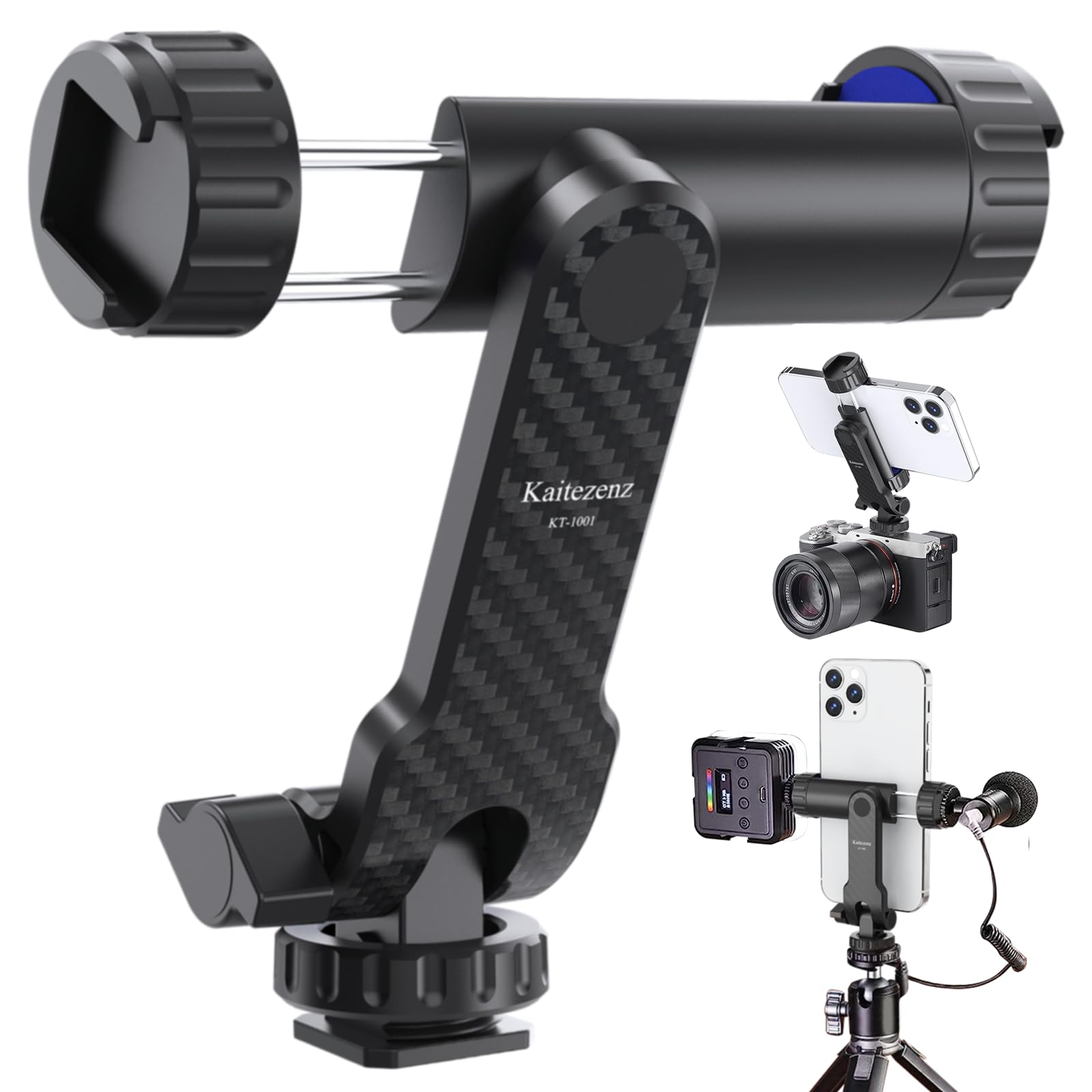 Kaitezenz Cell Phone Tripod Mount, Universal Tripod Phone Mount With 2 Cold Shoes, 360° Rotates 180° Tilts Camera Hot Shoe Phone Mount Smartphone Tripod Holder Adapter For Iphone Samsung All Phone