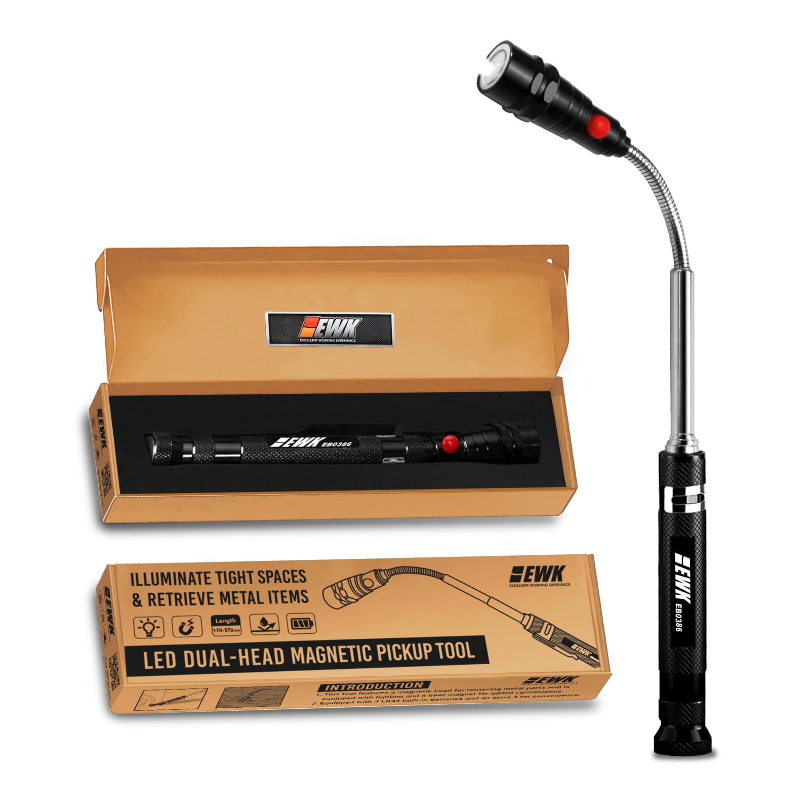 Ewk Dual-Head Magnetic Pick Up Tool With Led Light, Extendable Magnetic Flashlight