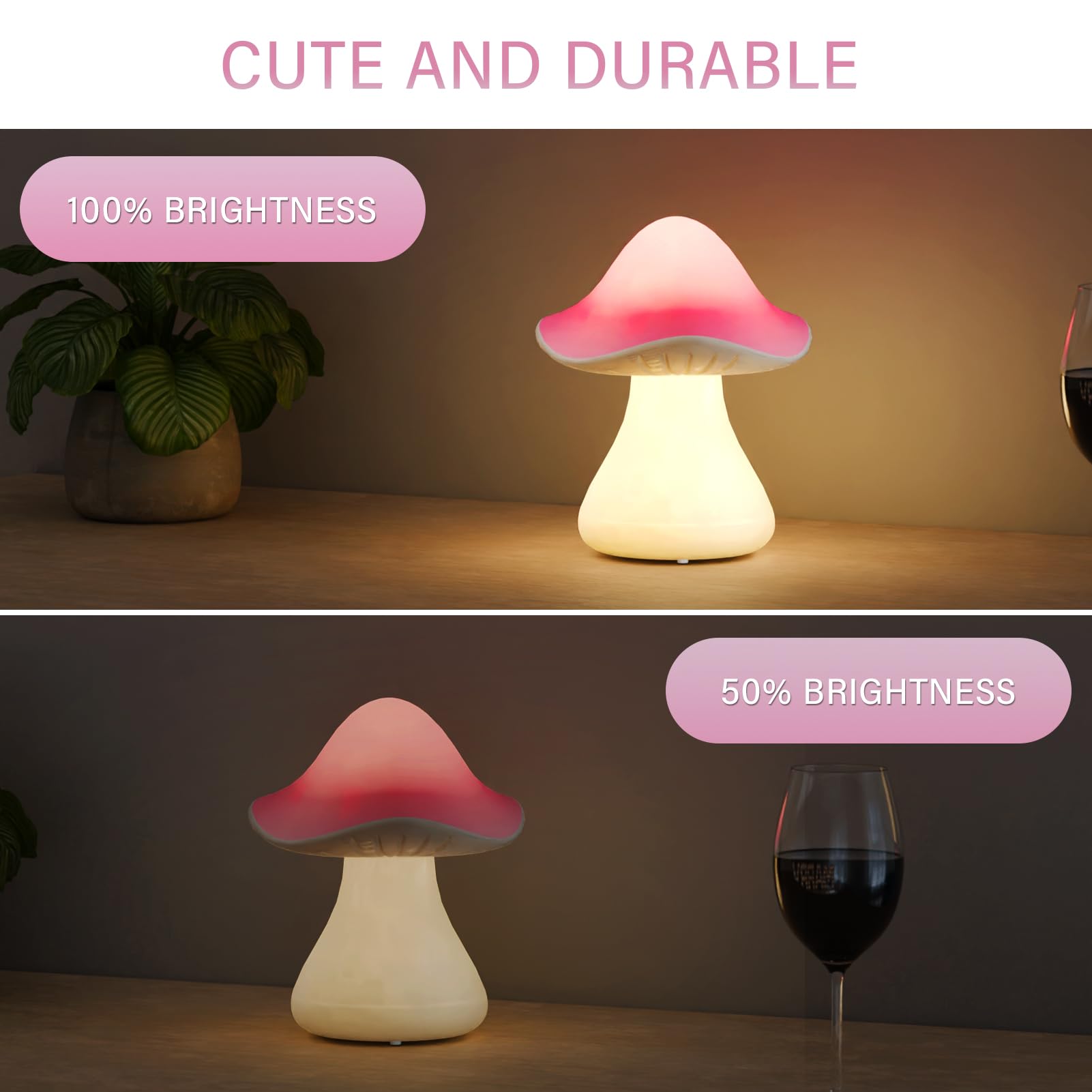 Fuyo Pink Mushroom Table Lamp With Warm White Led - Indoor/Outdoor Decorative Light, Ip44 Waterproof, Rechargeable Usb-Powered, 2 Brightness Levels For Bedroom, Garden, Patio Decor, Easter Decor
