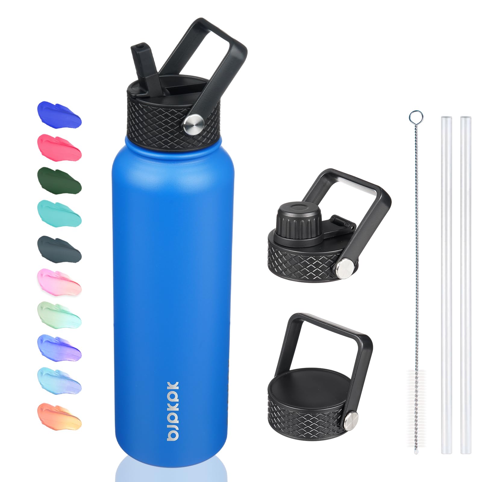 Bjpkpk Insulated Water Bottles With Straw Lid, 40Oz Stainless Steel Water Bottles With 3 Lids