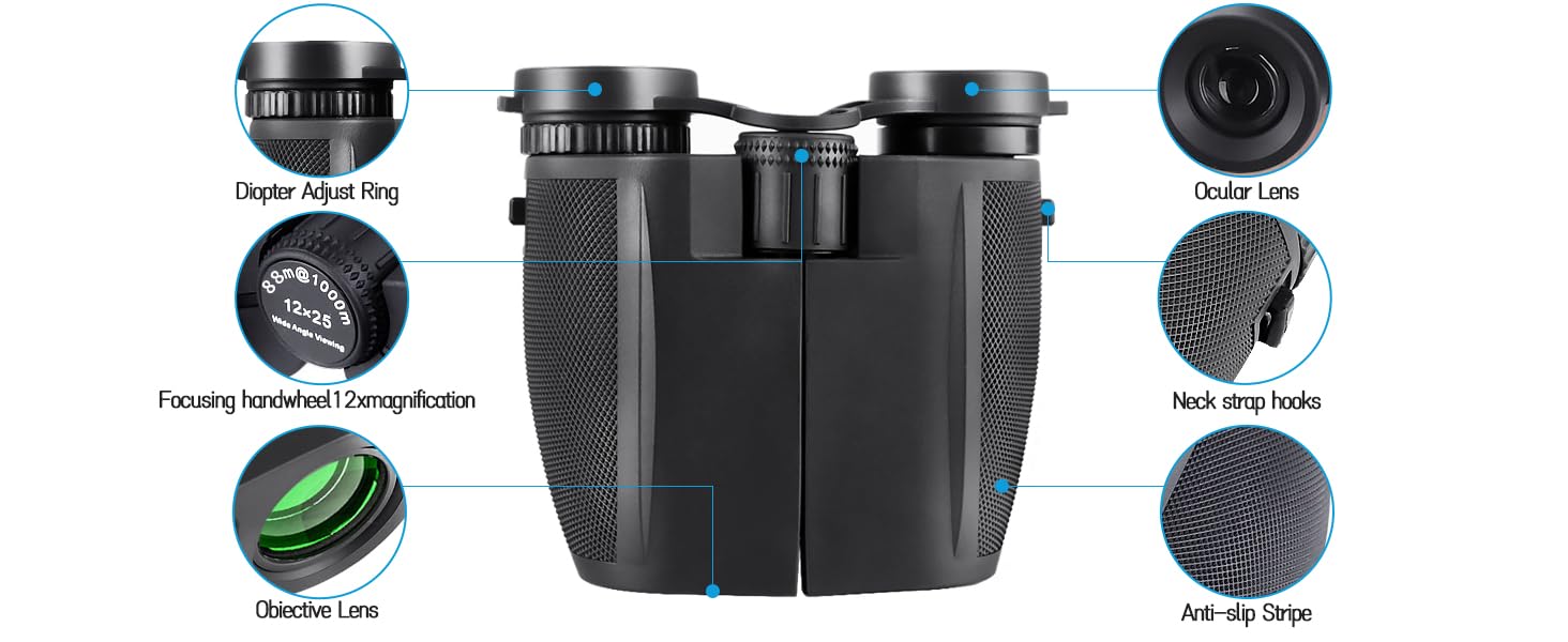 Decoforu 12X25 Binoculars For Adults, Large View/Eyepiece Compact Binoculars With Low Light Vision, High Powered Easy Focus Binoculars For Bird Watching, Travel, Concert Theater