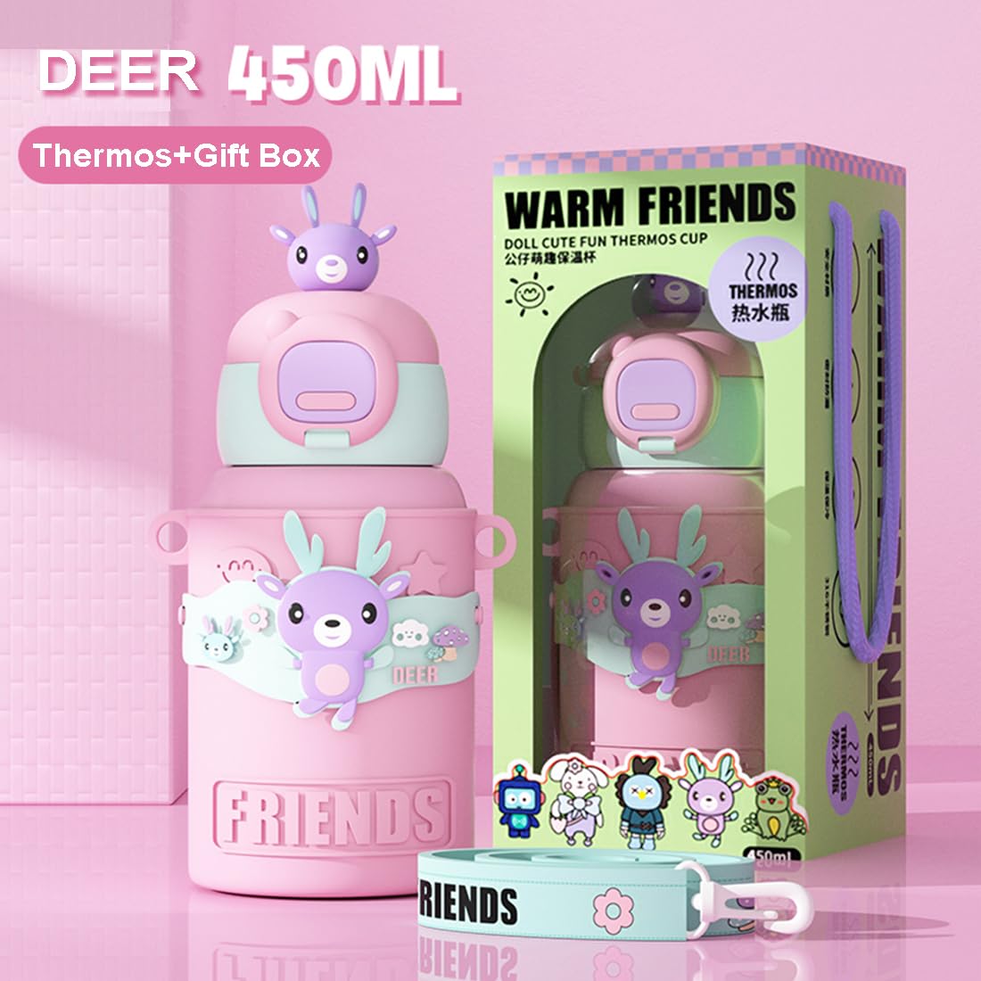 Cute Insulated Water Bottle With Straw Strap Kids, 15 Oz Metal Cups For Hot And Cold Drinks,