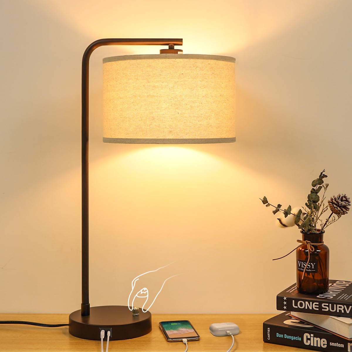 Seaside Village Table Lamp With Usb C+A Ports, Fully Stepless Dimmable Modern Bedside Nightstand Lamp, Tall Reading Desk Lamp For Bedroom, Living Room, Study Room, Office, 9W 3000K Led Bulb Included