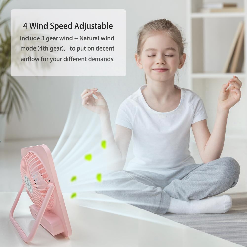 Desk Fan Battery Operated Portable Fan,2000Mah Usb Rechargeable Fan, 4 Speeds Adjustable 180°