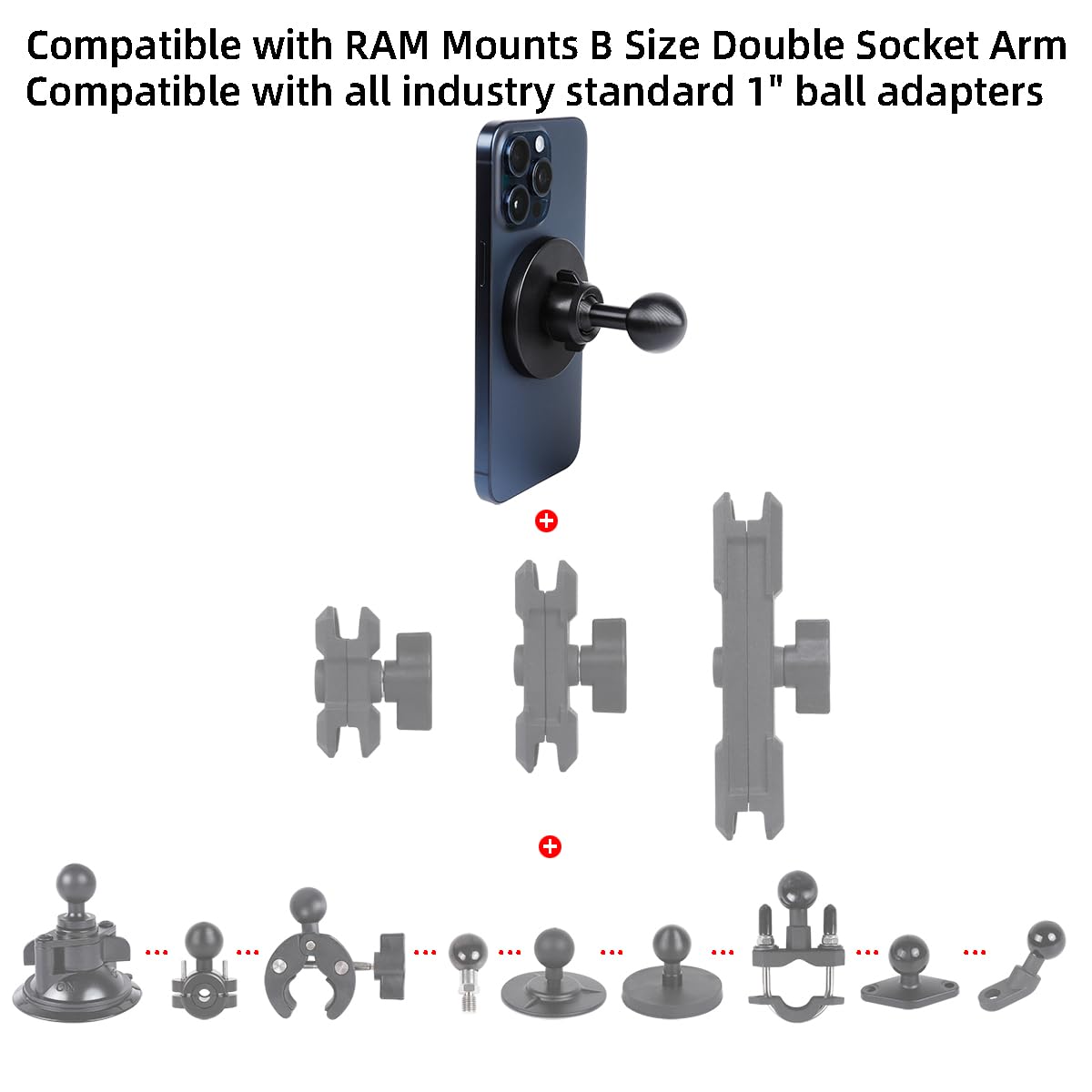 Leenconghui Super Magnetic Cell Phone Holder Base With 1" Ball For Magsafe Iphone 15 14 13 12 Series,Compatible With Ram Mounts And Other B Size Ball Double Socket Arm