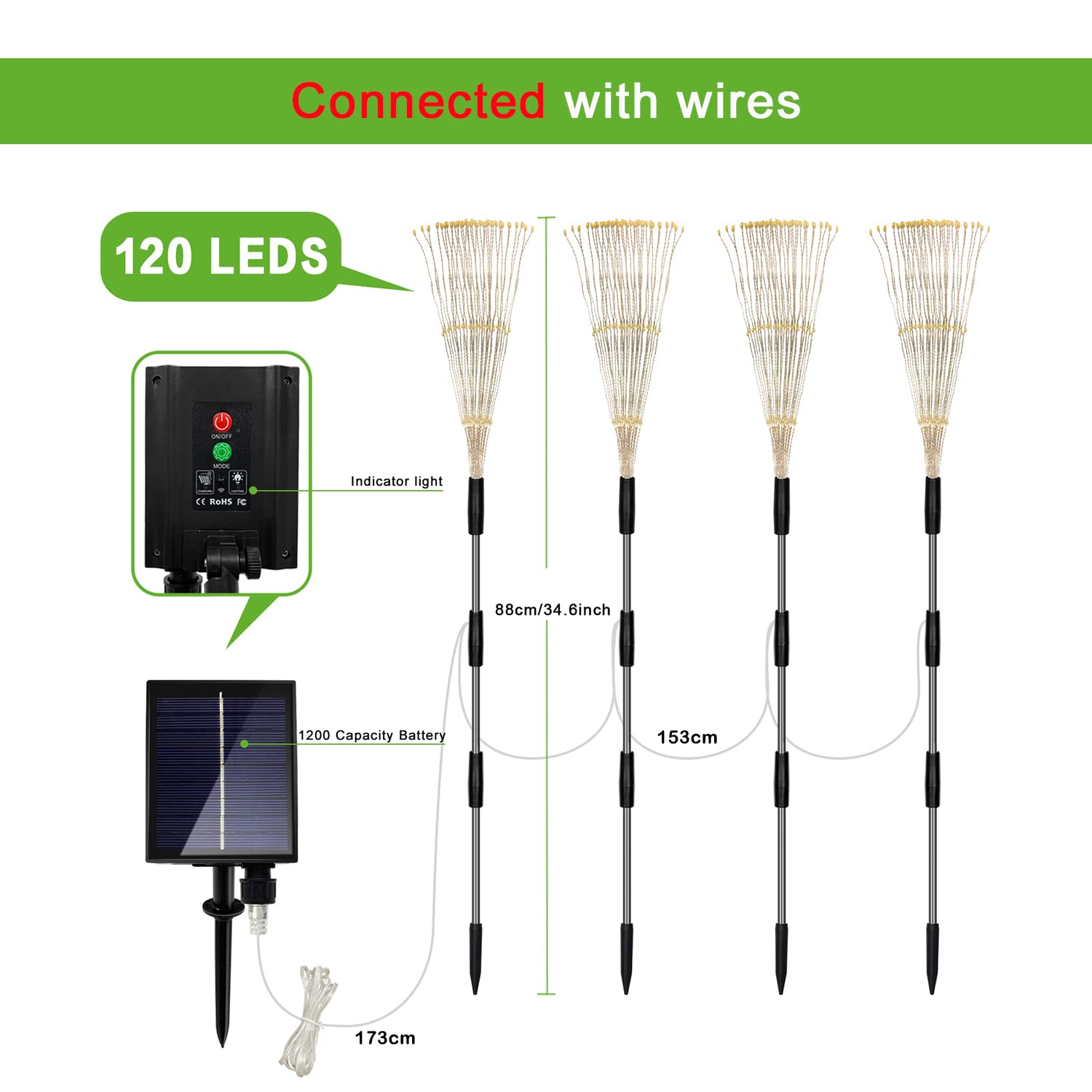 Unihoh Solar Outdoor Warm White Garden Lights, 4 Pack Firework With 120 Led Starburst String 8 Modes Fairy With Remote, For Wedding Christmas, Lawn Backyard Party Patio Decoration