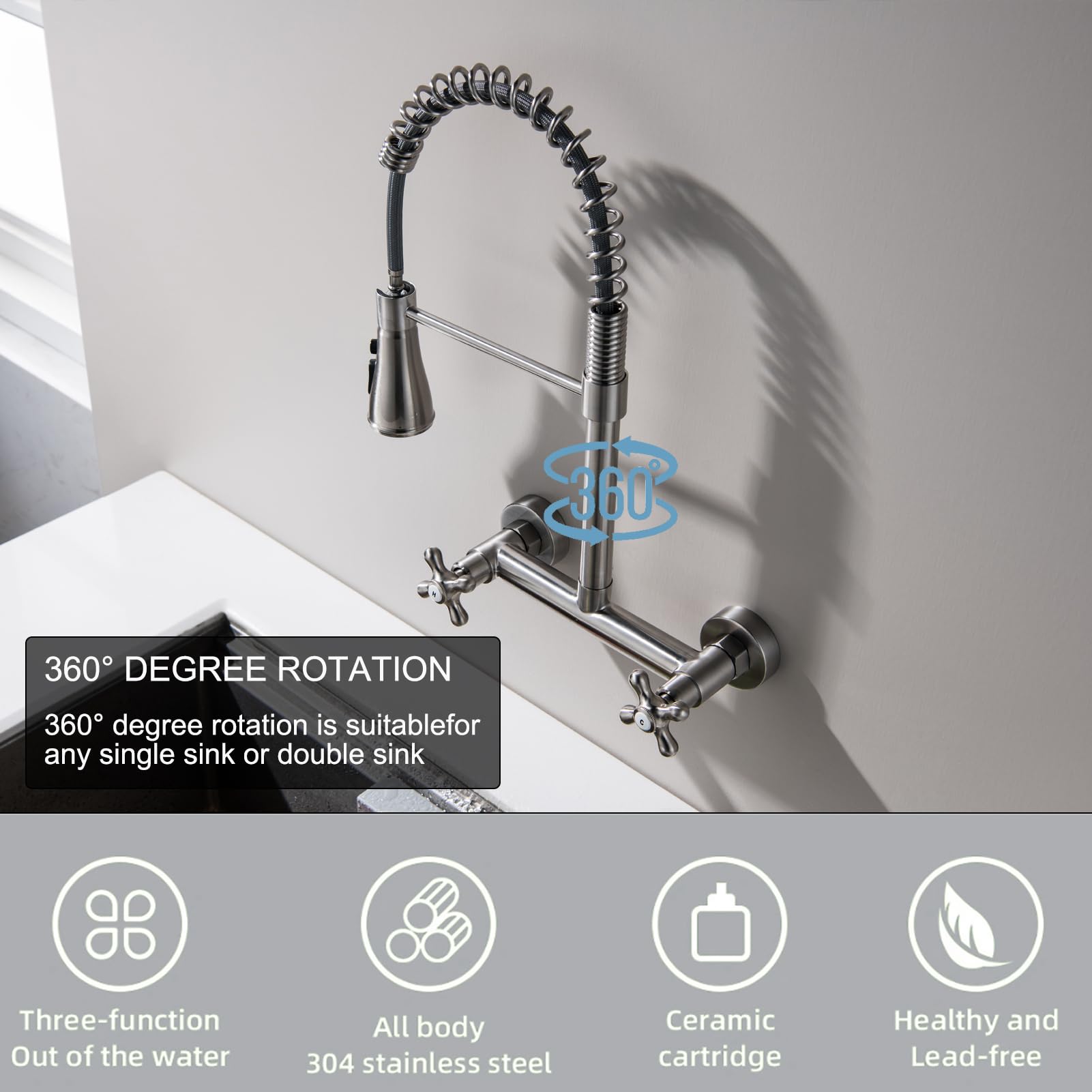 Beiyi Wall Mount Kitchen Faucet, Wall Mounted 8 Inches Center Kitchen Sink Faucet With 3 Functions Sprayer Wall Kitchen Faucets, Brushed Nickel
