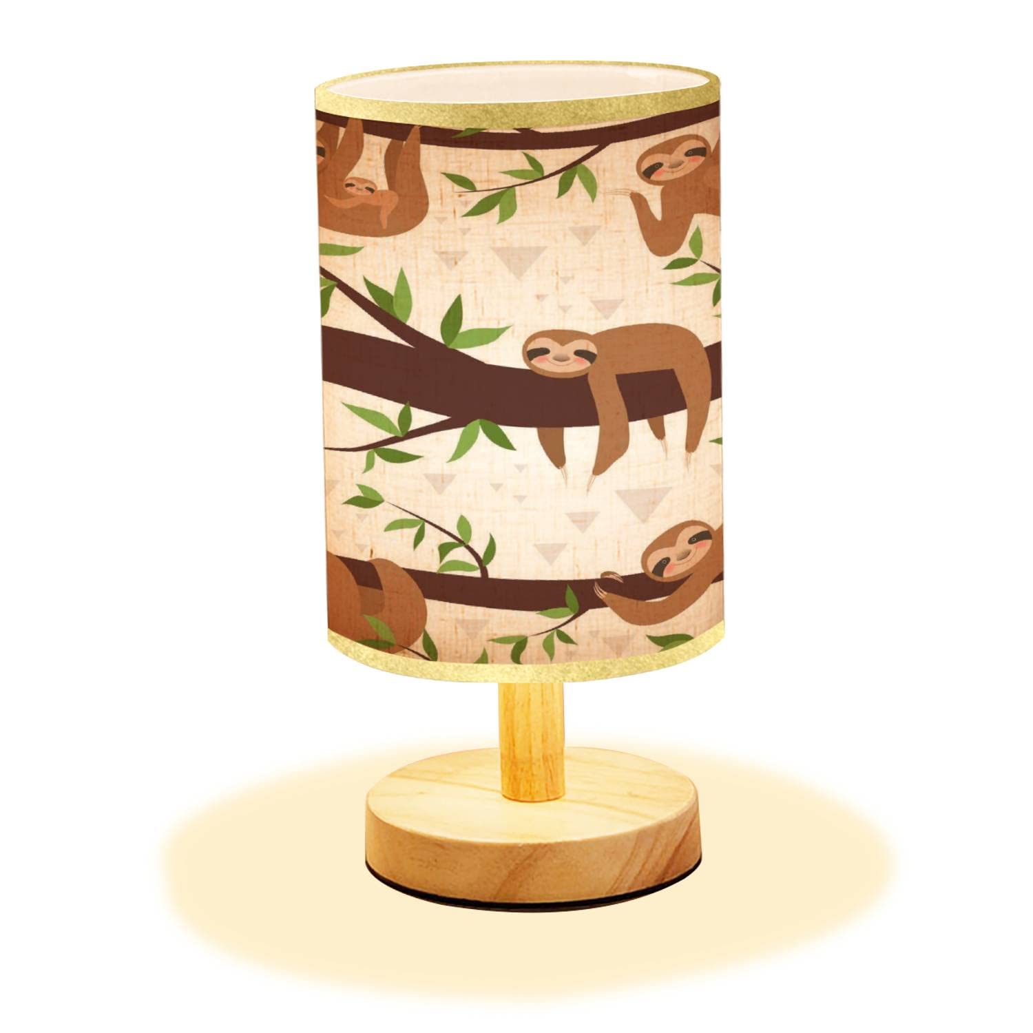 Lopyeijfg Minimalist Bedside Table Lamp Sloth Seamless Cute Little Sleepy Baby Animal Wood Nightstand Lamp Bedside Desk Lamp Wood Base Flaxen Fabric Shade For Bedroom Living Room 5.5X11Inch