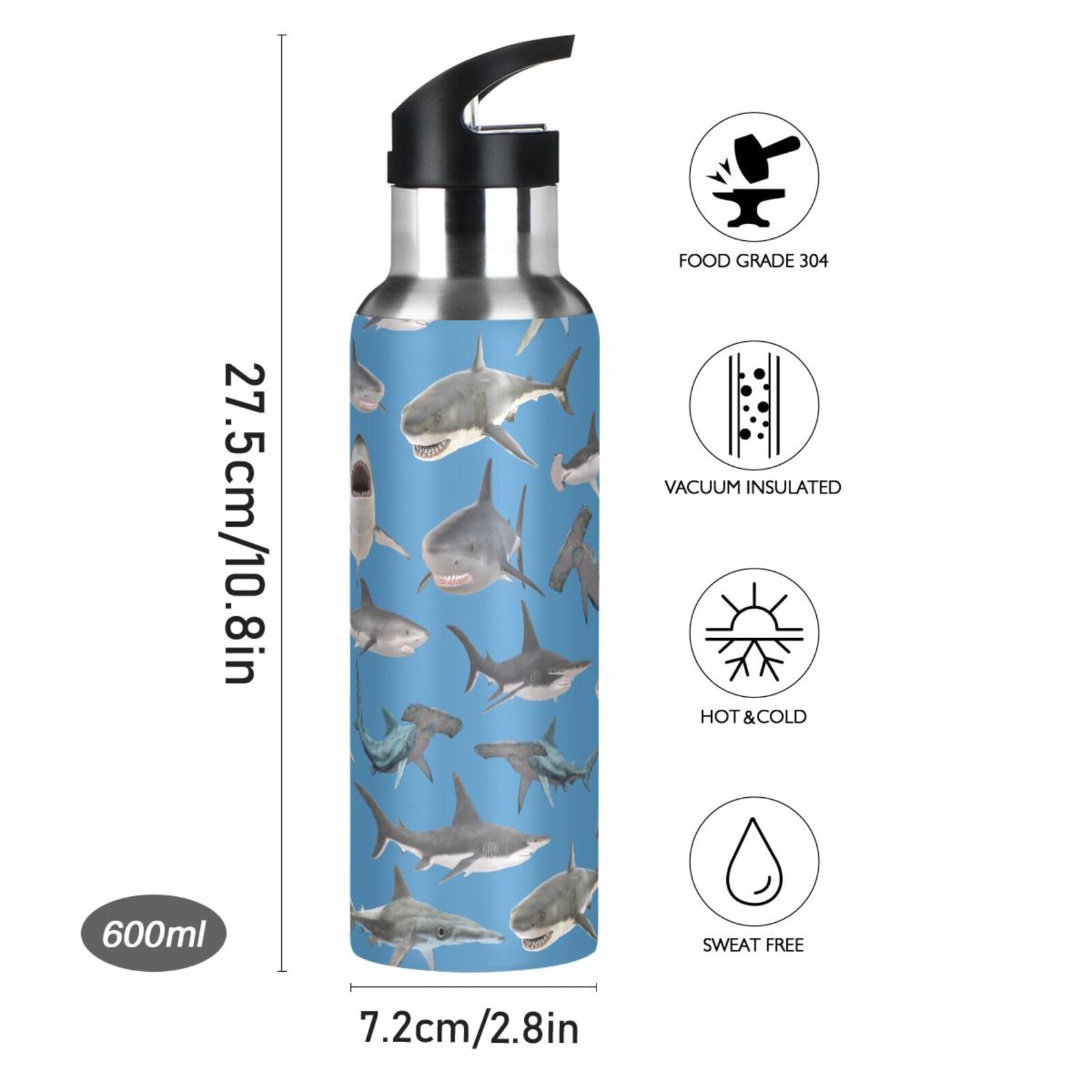 Shark Hammerhead Shark Stainless Steel Water Bottle With Straw Lid - 20 Oz Sports Insulated Water