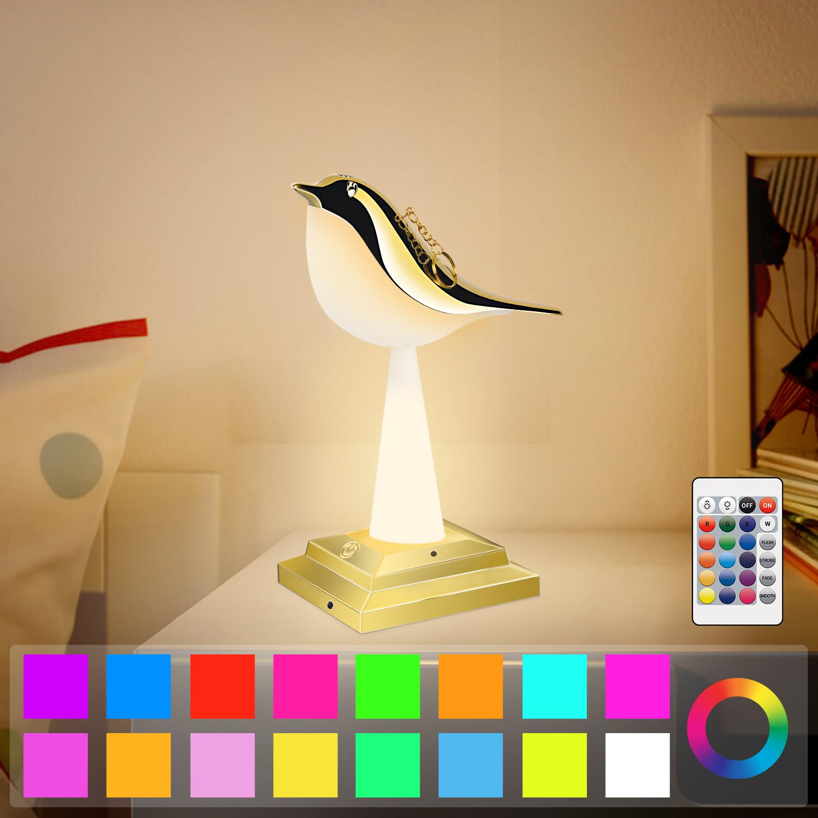 Yotozu Small Bird Touch Lamp, 16 Colors Dimmable And Cordless Bird Night Light, Usb Rechargeable Touch Or Remote Control Table And Desk Lamp With Aroma Diffuser Function For Bedroom (Gold)