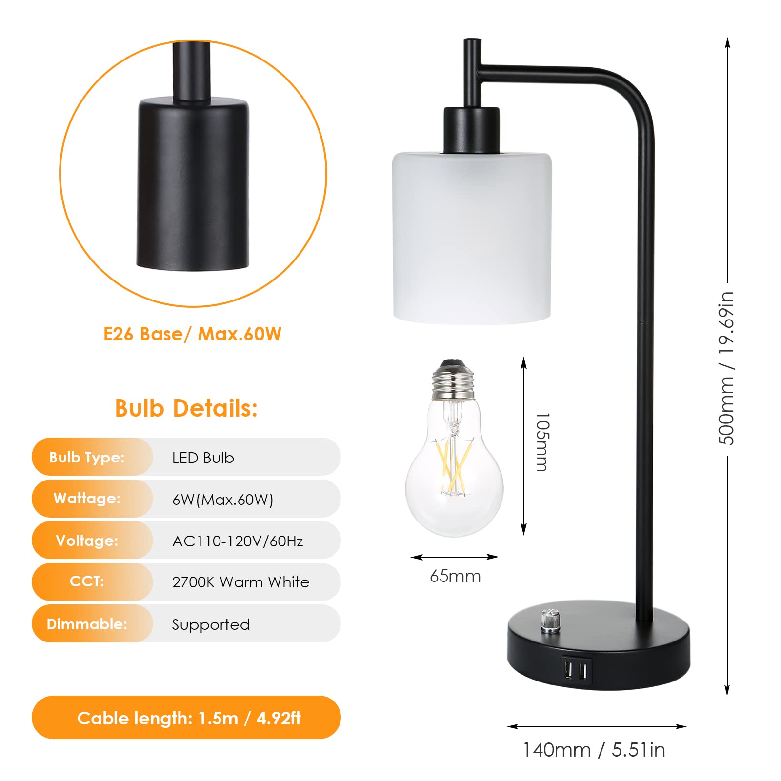 Topyond Modern Table Lamp, Dimmable Touch Control Black Bedside Lamp With 2 Usb Ports, Ac Socket, Round Shade For Bedroom, Living Room And Home Office Use