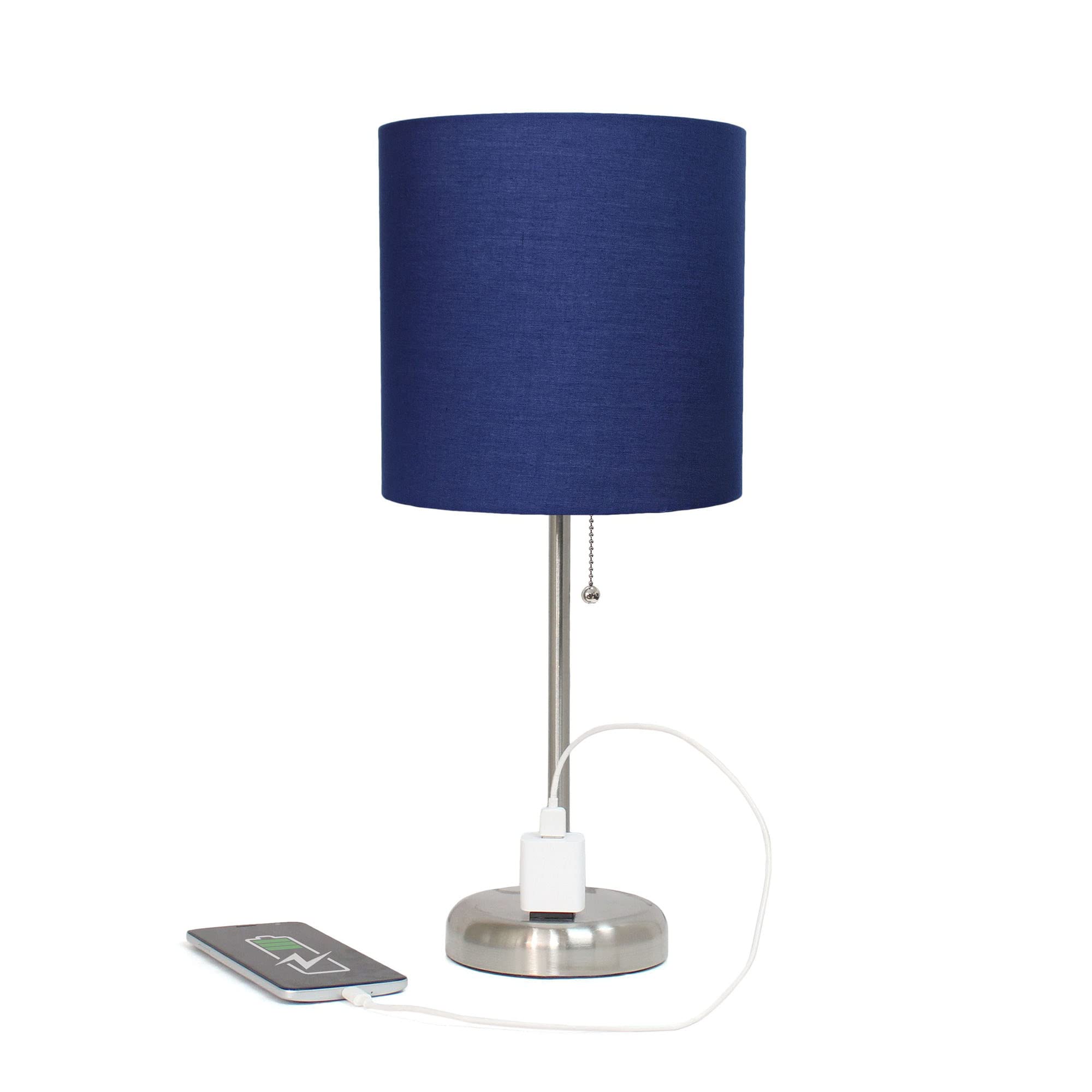 Creekwood Home Oslo 19.5" Contemporary Bedside Power Outlet Base Standard Metal Table Desk Lamp In Brushed Steel With Navy Blue Drum Fabric Shade