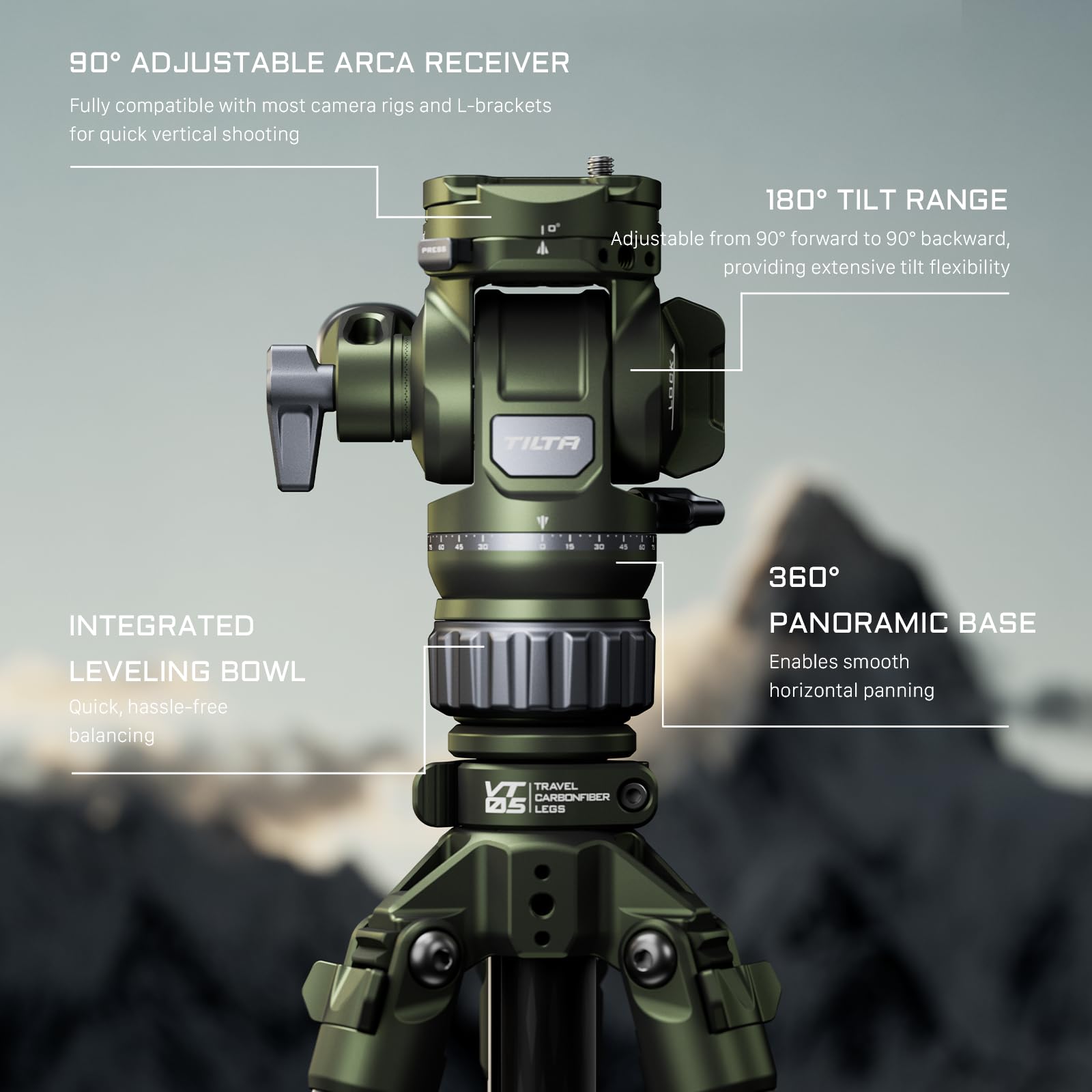 Tilta Camera Tripod With Fluid Head, 3-Stage Carbon Fiber Tripod Legs, 160 Cm Travel Video Tripod Max Load 5Kg With Arca Receiver - Space Gray Tt-Vt05-Fb-Sg