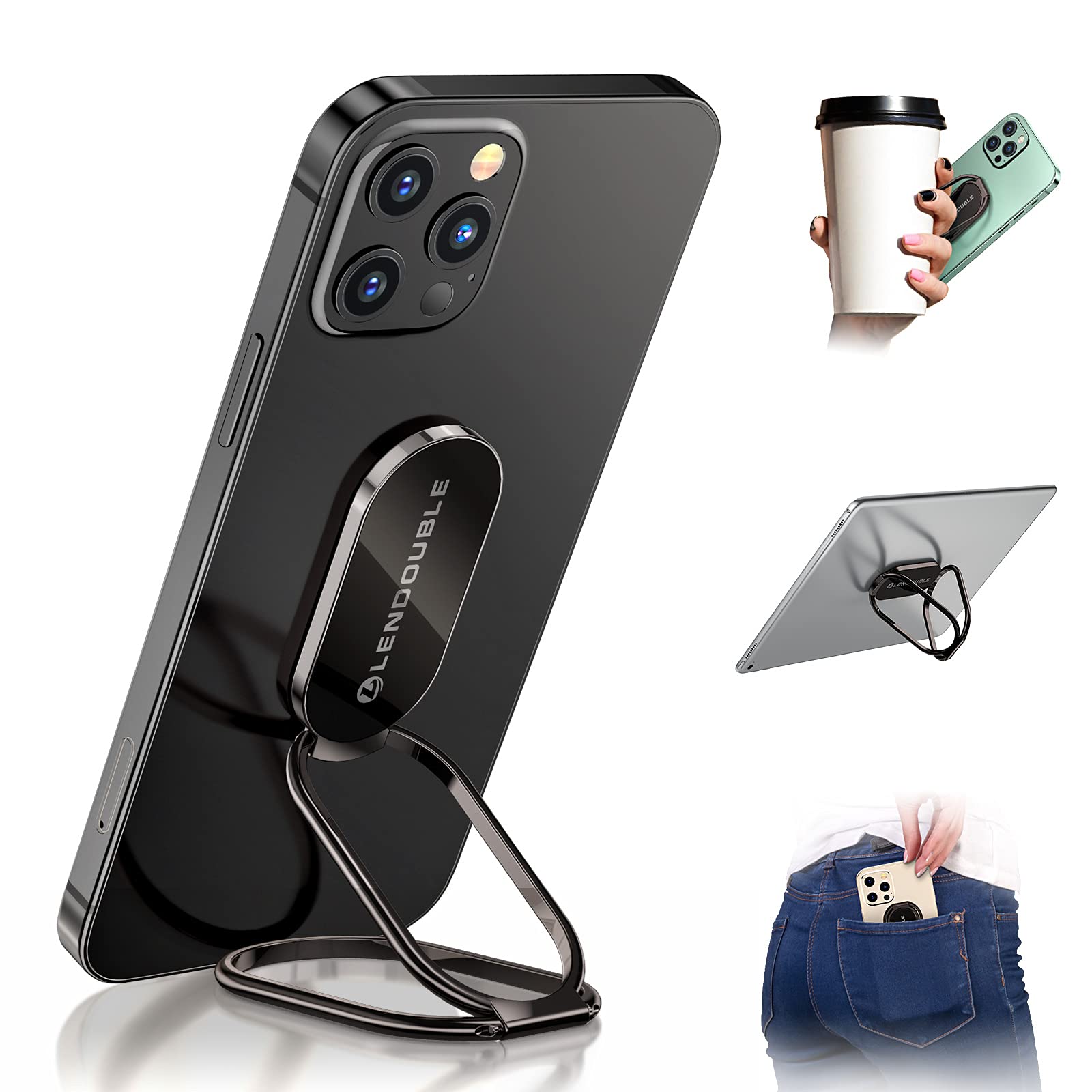 L Lendouble Phone Ring Holder Finger Kickstand, 360 Rotation Foldable Ultra-Thin Metal Cell Phone Back Hand Grip For Magnetic Car Mount & Office Desktop, Adjustable Cellphone Stand For Iphone 16 Ipad Smartphones