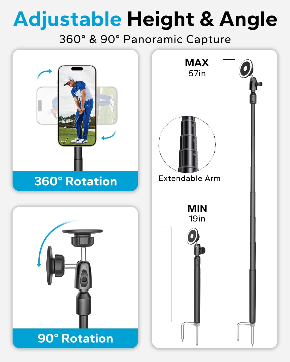 Gdzn 57" Extendable Golf Monopod Selfie Stick - Magnetic Phone Holder For Golf Swing Analysis, Putting Recording And Training Aid, Portable Travel Tripod Stand With Ground Spike, Magsafe Compatible