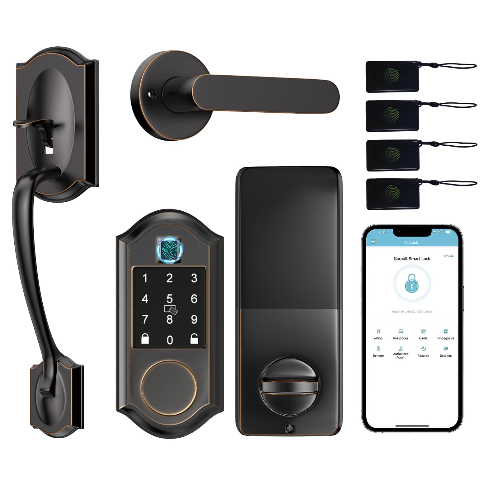 Narpult Smart Smart Locks For Front Door, Keyless Entry Deadbolt With Handle Set, App Control, Fingerprint Door Lock With Adjustable Lever, Oil Rubbed Bronze