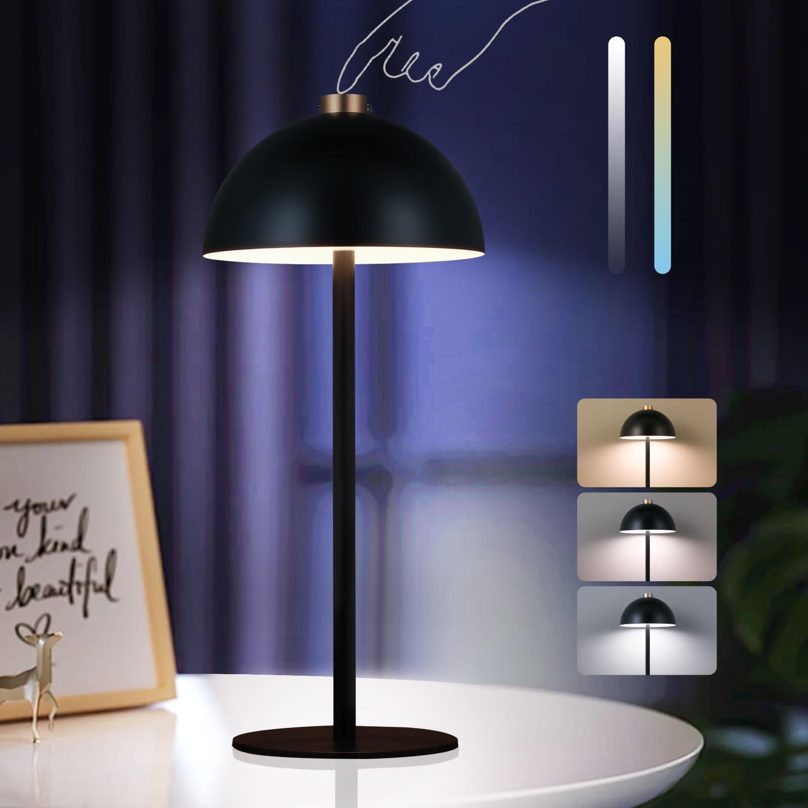 Seensiny Rechargeable Cordless Touch Table Lamp,Modern 3 Color Stepless Dimming Night Light,Portable Wireless 4000Mah Battery Operated,Led Desk Lamp For Outdoor Patio,Restaurant,Camping,Bedroom,Nightstand