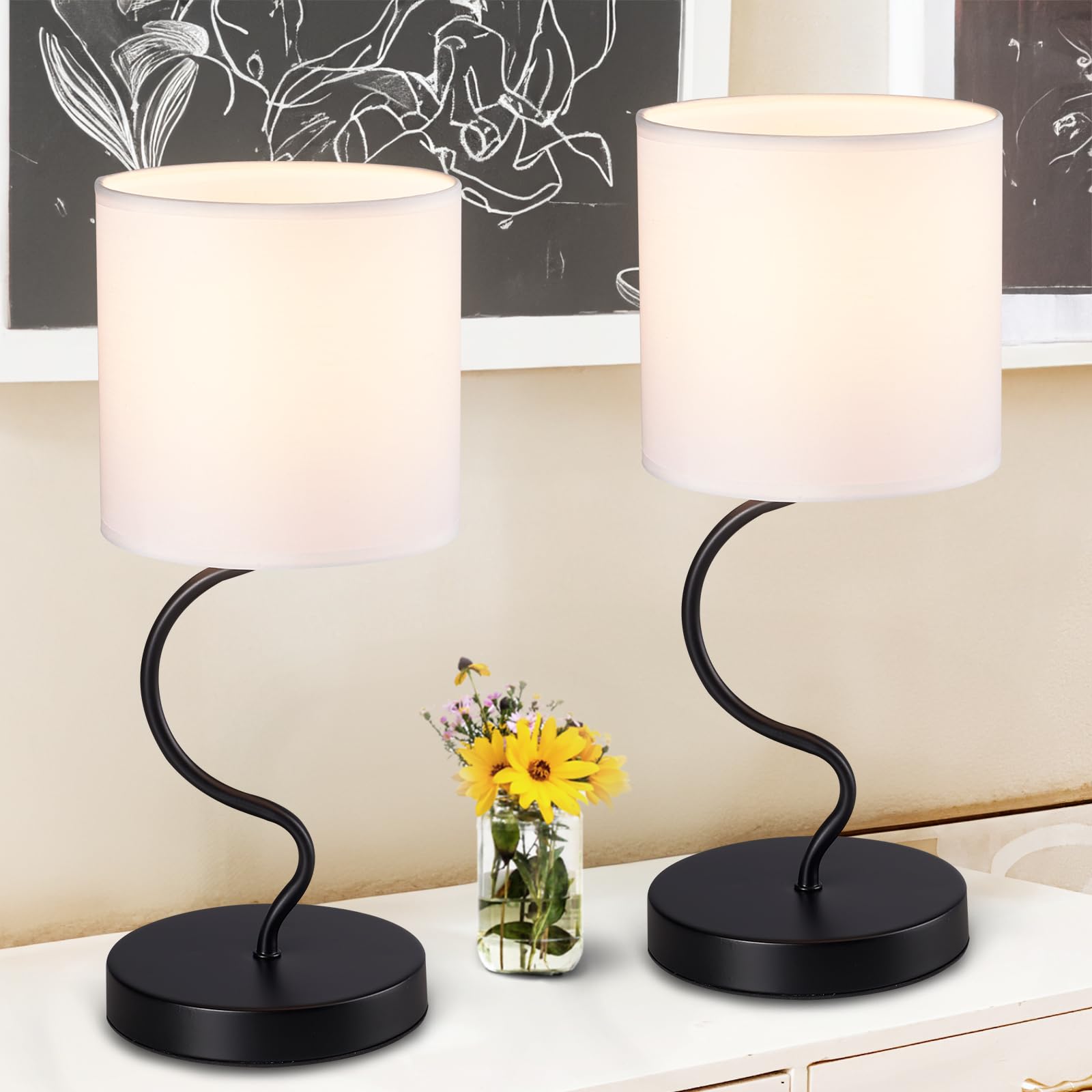 Hamilyeah Table Lamps Set Of 2, Bedside Lamps For Nightstand With On/Off Switch, Modern Lamps With Fabric Shade, Simple Lamps For Bedroom, Living Room, Home Office