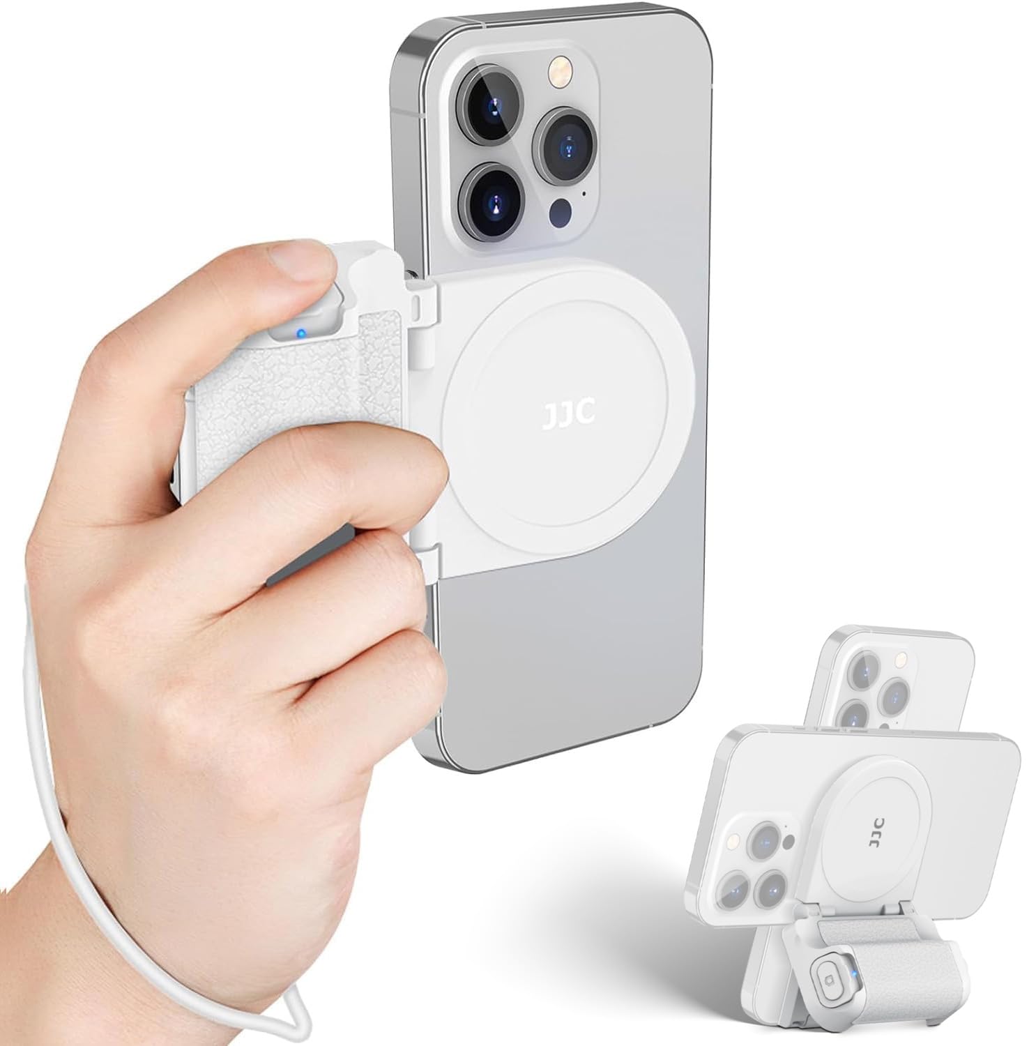 Kiorafoto Magnetic Smartphone Shooting Holder Hand Grip Handle Snap On Phone Stand With Tripod Mount & Wireless Shutter Remote For Iphone 16 15 14 13 12 Pro Max Android Vlog Video Photography - White