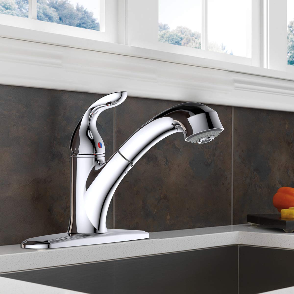 Aquenture Pf6006-Ch 8 Single Handle Pull Out Kitchen Faucet With Easy Install Quicknut Peridot, Chrome