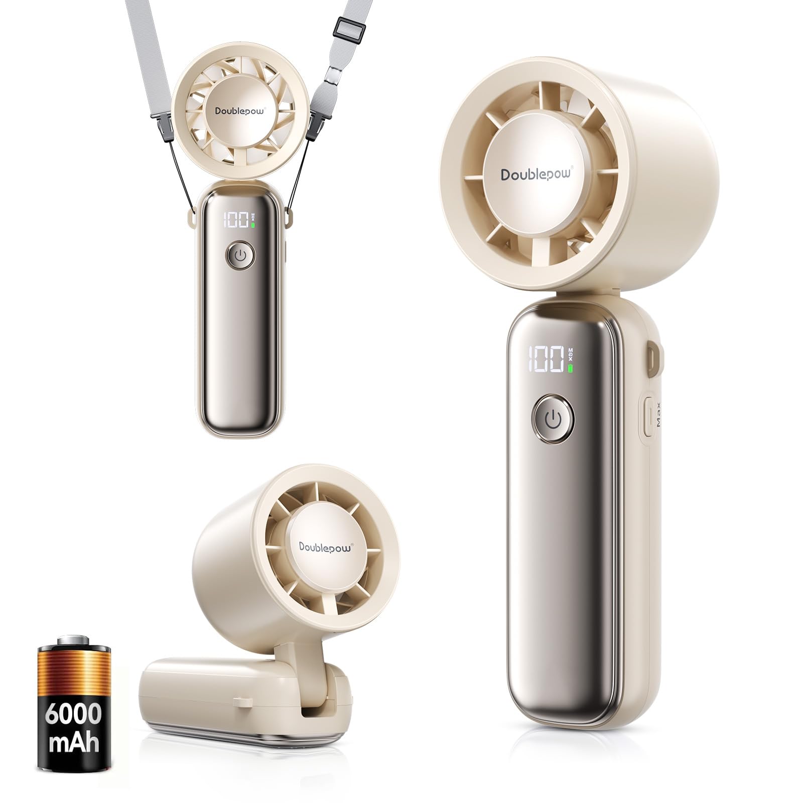 Aristide portable handheld fan with 6000mAh rechargeable battery, providing up to 13.5 hours of cooling