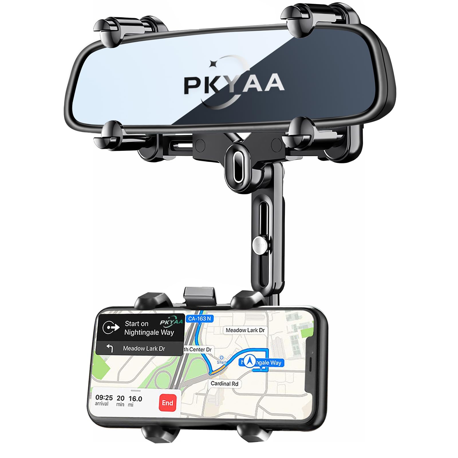 Pkyaa Rearview Mirror Phone Holder For Car, 360° Rotating Rear View Mount With Adjustable Arm Length,  Four Corners Fixed Anti-Shake Multifunctional Design For All Smartphones