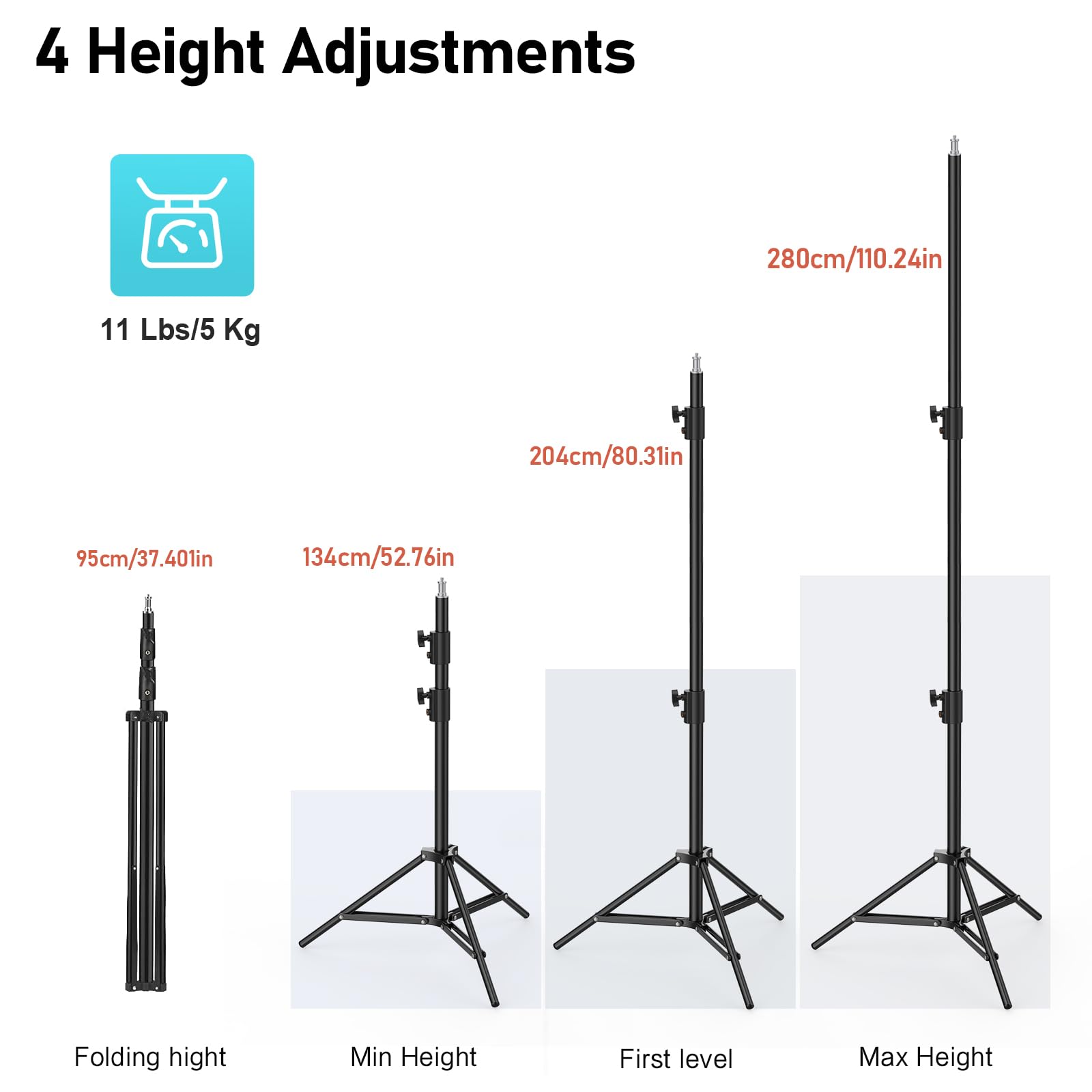 Yijyi Photography Light Stand, 110"/9.2Ft/280Cm Portable Reverse Folding Tripod With Travel Bag Aluminum Heavy Duty For Camera,Video,Softboxes,Umbrell,Wedding Outdoor Video Shooting
