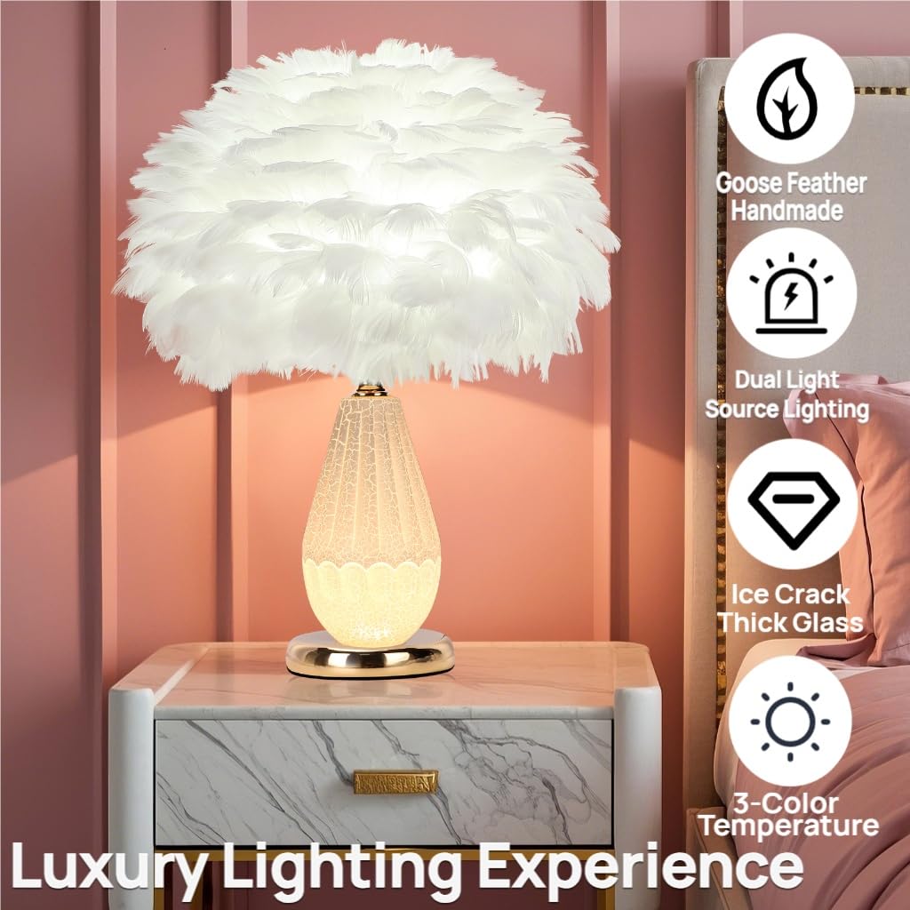 Lincwonz White Feather Lamp For Nightstand With Dual Light, White Table Lamp For Girls Bedroom,Modern Home Decor, Gold Base(White Feathers)
