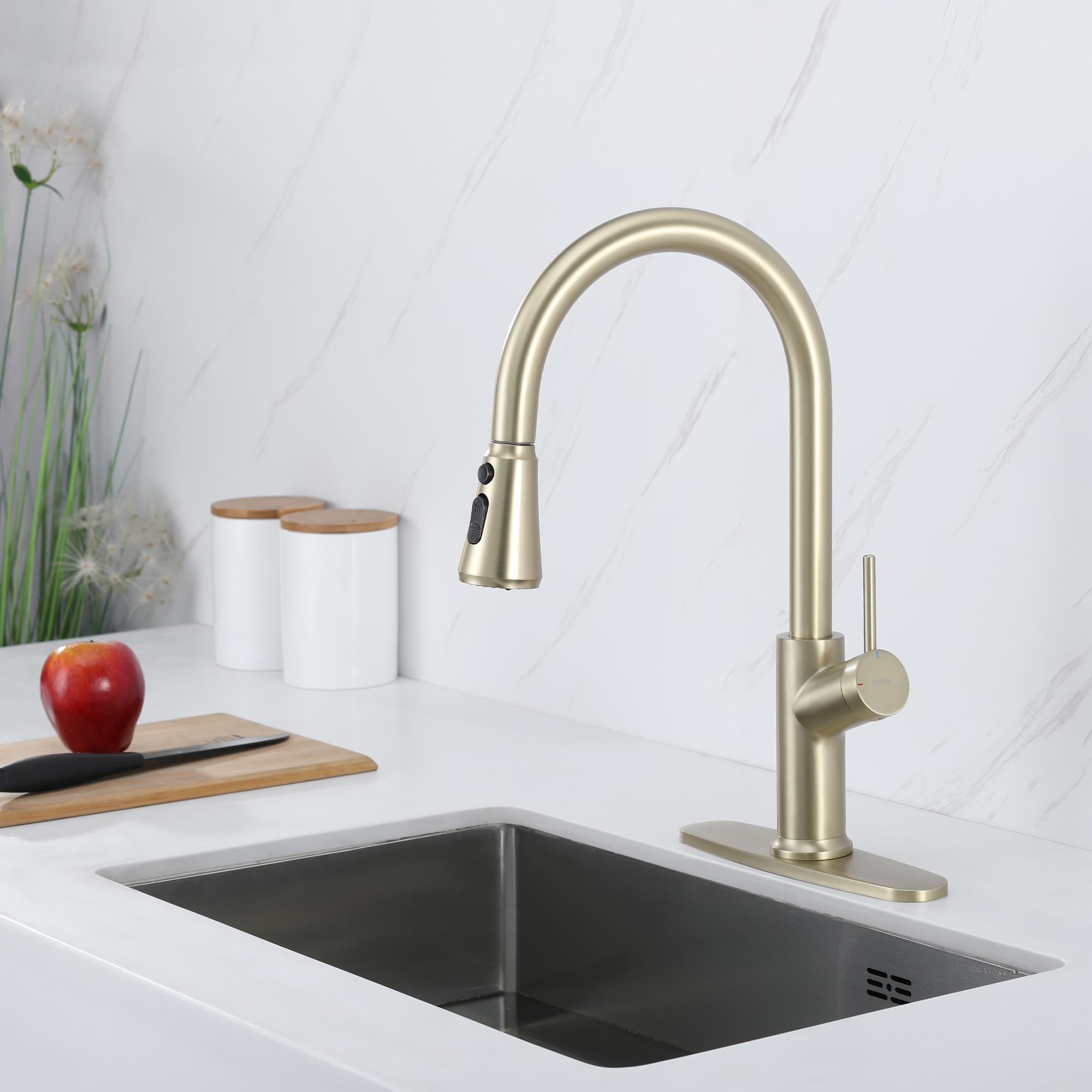 Indare Kitchen Faucet With Pull Down Sprayer Brushed Gold, High Arc Single Handle Kitchen Sink Faucet With Deck Plate, Stainless Steel Faucet For Kitchen Sink For Farmhouse Laundry Rv