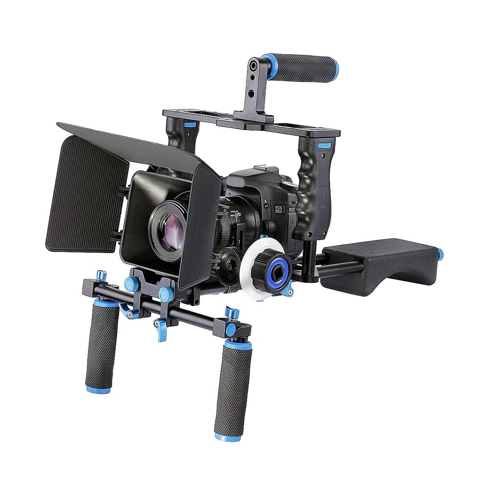 Fydun Shoulder Rig Stabilizer Kit, Aluminum Alloy Camera Stabilizer Cage With Top Handle Follow Focus Rods Shoulder Rig 1/4 3/8 Screw