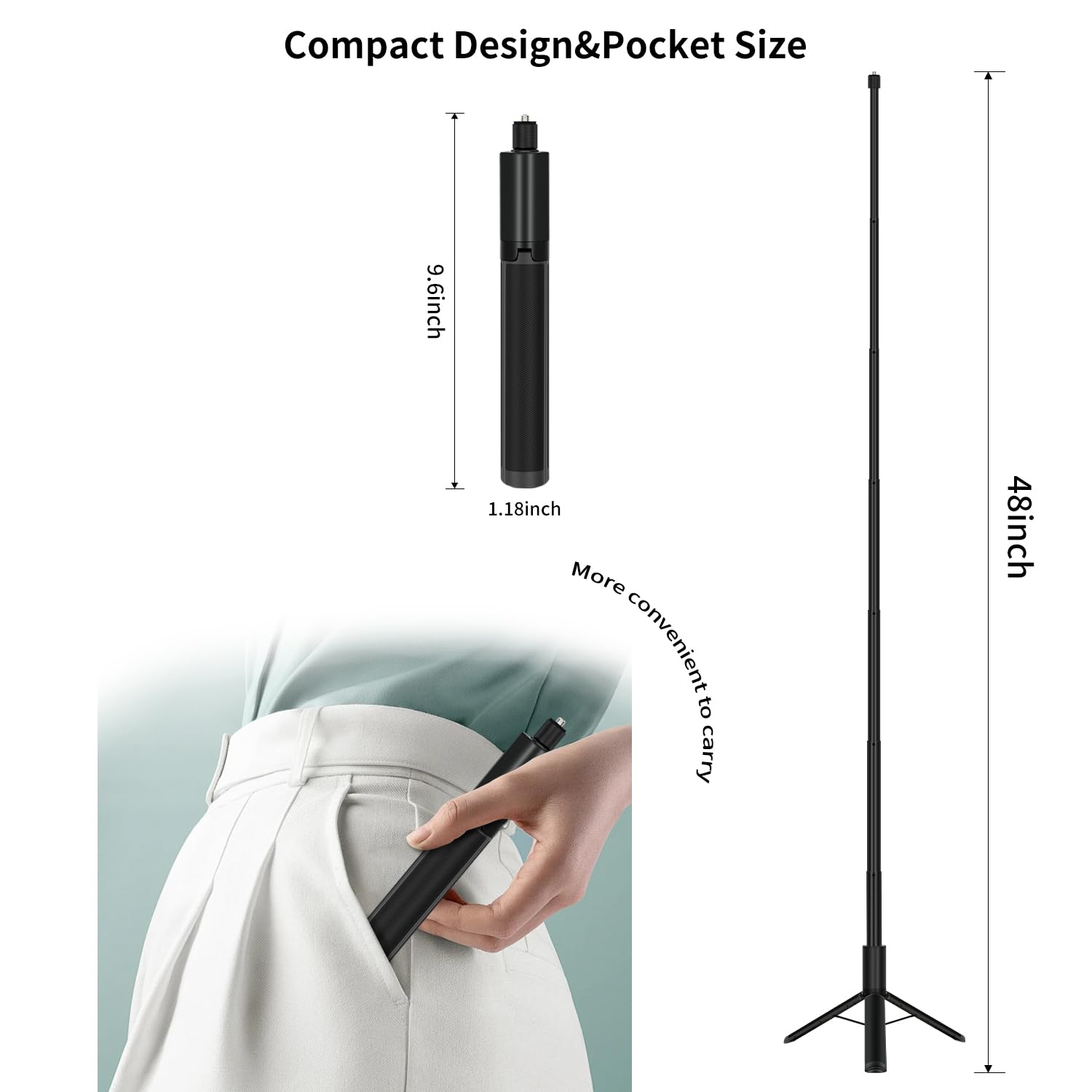 Konpcoiu 48" Invisible Extendable Camera Selfie Stick For Insta360, One X2 X2 X3 Rs Go3 Gopro Max Hero 12 11 10 9 8 7 6 5 And Other Action Cameras With 1/4" Screw Mini Portable Camera Tripod