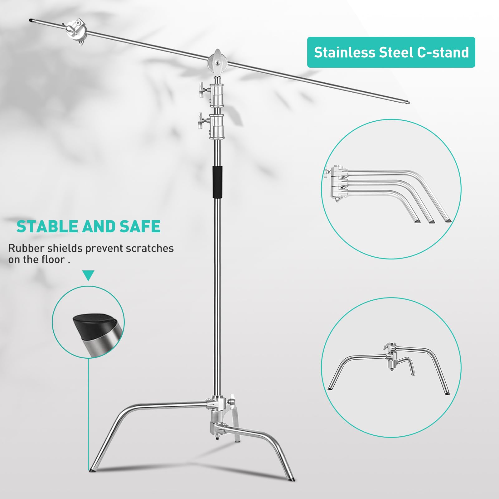 Lapgood 100% Stainless Steel Heavy Duty C Stand With Boom Arm - Max Height 10.8Ft/330Cm Photography Light Stand With 4.2Ft/127Cm Holding Arm, 2 Grip Head For Studio Monolight, Softbox, Reflector