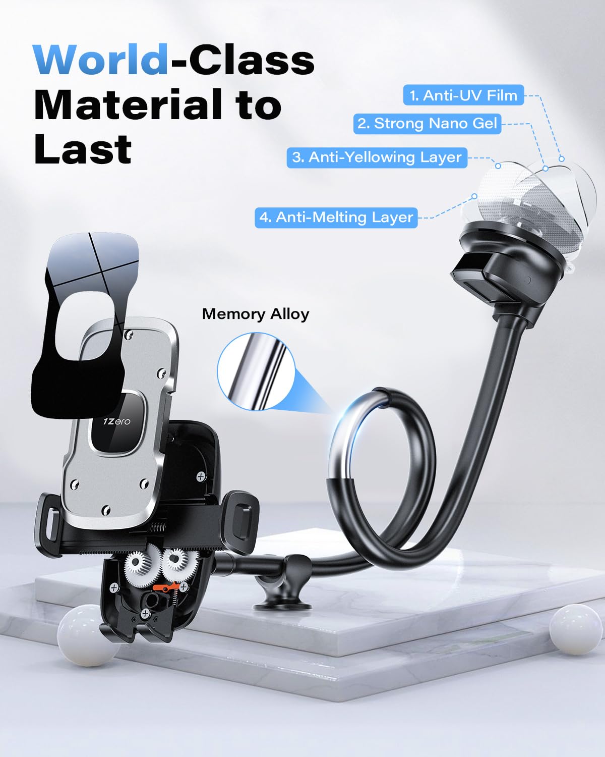 1Zero Solid Car Truck Phone Mount Holder With 14-Inch Gooseneck Long Arm, Windshield Window Mobile Holders W/Industrial-Strength Suction Cup, Anti-Shake Stabilizer Compatible All Cell Phones Iphone