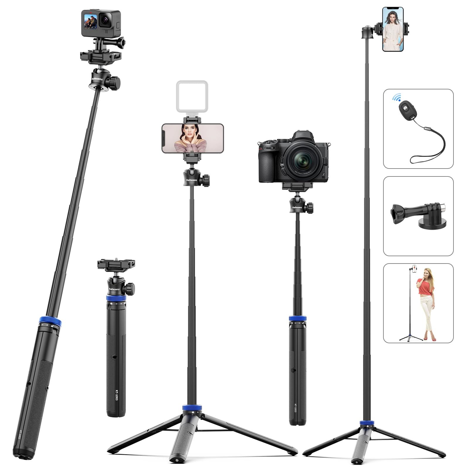 Kaitezenz Selfie Stick Tripod For Gopro Camera, 64" Extendable Stand With 360° Ball Head 1/4" Screw, Portable Lightweight Camera Tripod For Gopro Max Hero 11 10 9 8 7 6 5 Dji Osmo Action Phone
