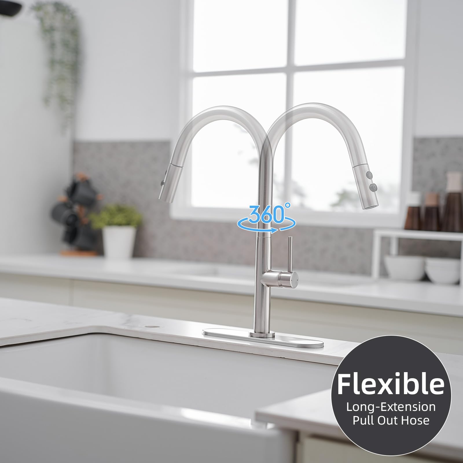 Bwe Kitchen Sink Faucet With Pull Down Sprayer High Arc Modern Kitchen Faucet Commercial Single Handle Stainless Steel Faucet For Kitchen Bar Rv With 10" Deck Plate,Brushed Nickel