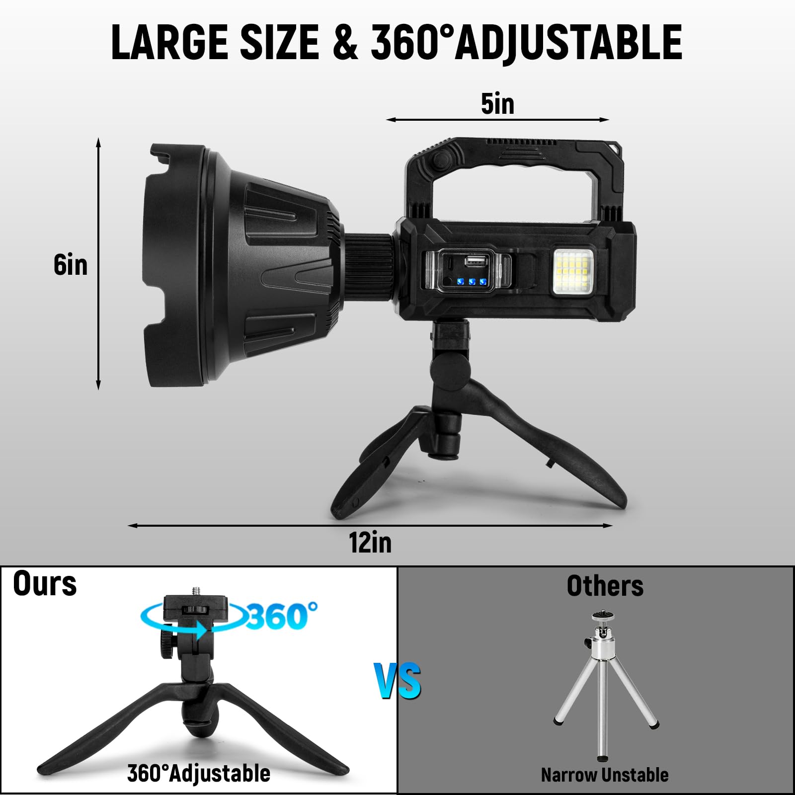 Vinderfine Rechargeable Spotlight, Handheld Super Bright Flashlight 1000000 High Lumens With Foldable Tripod,6 Modes And 4 Colors, Waterproof Ipx6 Searchlight For Camping Fishing Hunting, Usb Output