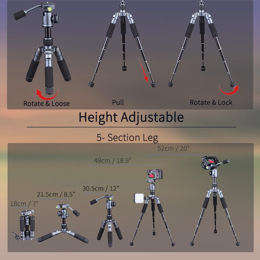 Jafuqaw Portable Desktop Mini Tripod With Panning Handle, 20" / 52Cm Desk Tabletop Aluminum Alloy With 360° Ball Head, Compact Tripod For Dslr Camera Video Camcorder, Load Up To 13Lb / 6Kg