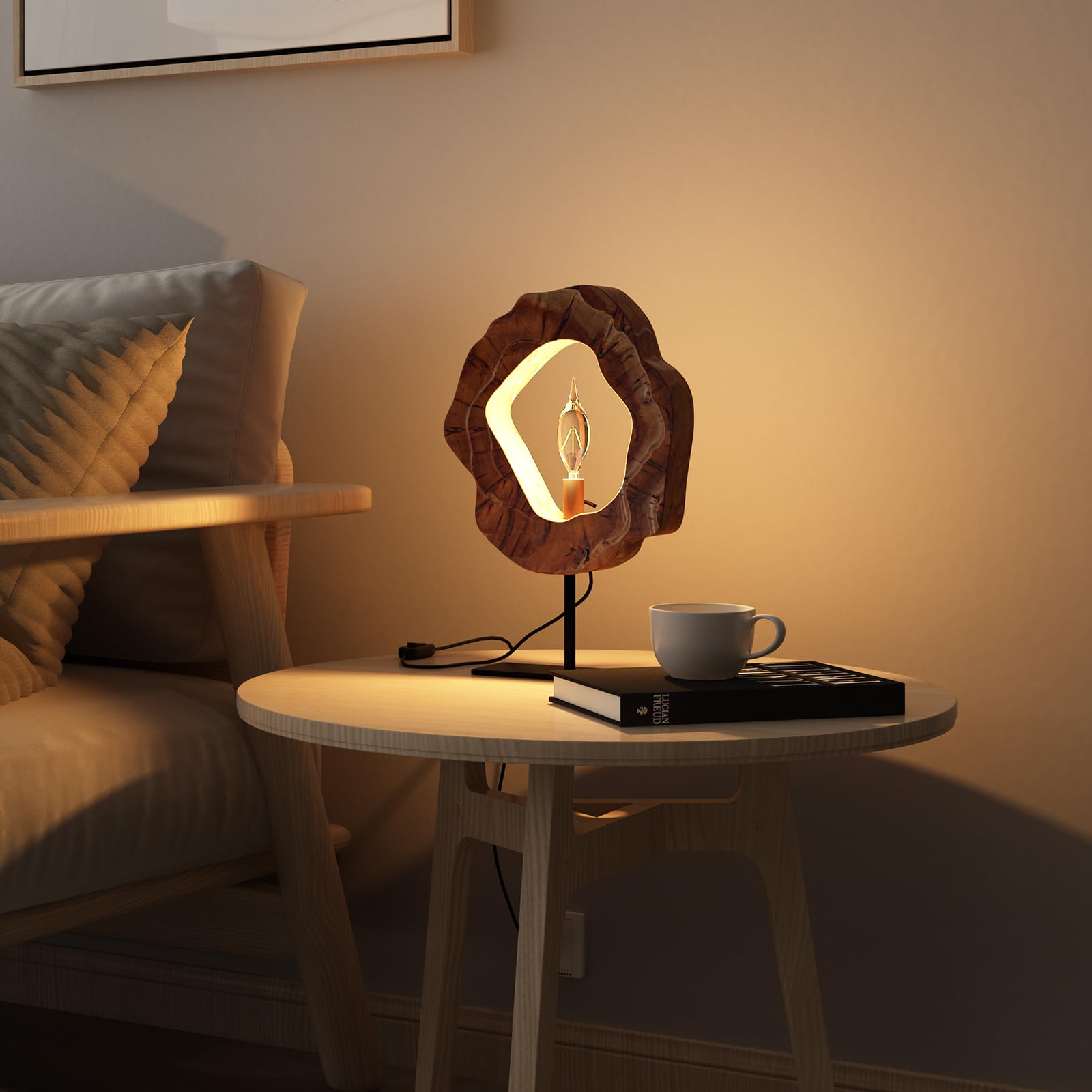 Laptain Wood Table Lamp, Irregular Jujube Tree Wooden Bedside Lamp, Creative Home Decor Table Lamp, Bedside Night Light For Bedroom, Living Room, E12, On-Off Button, Iron Base