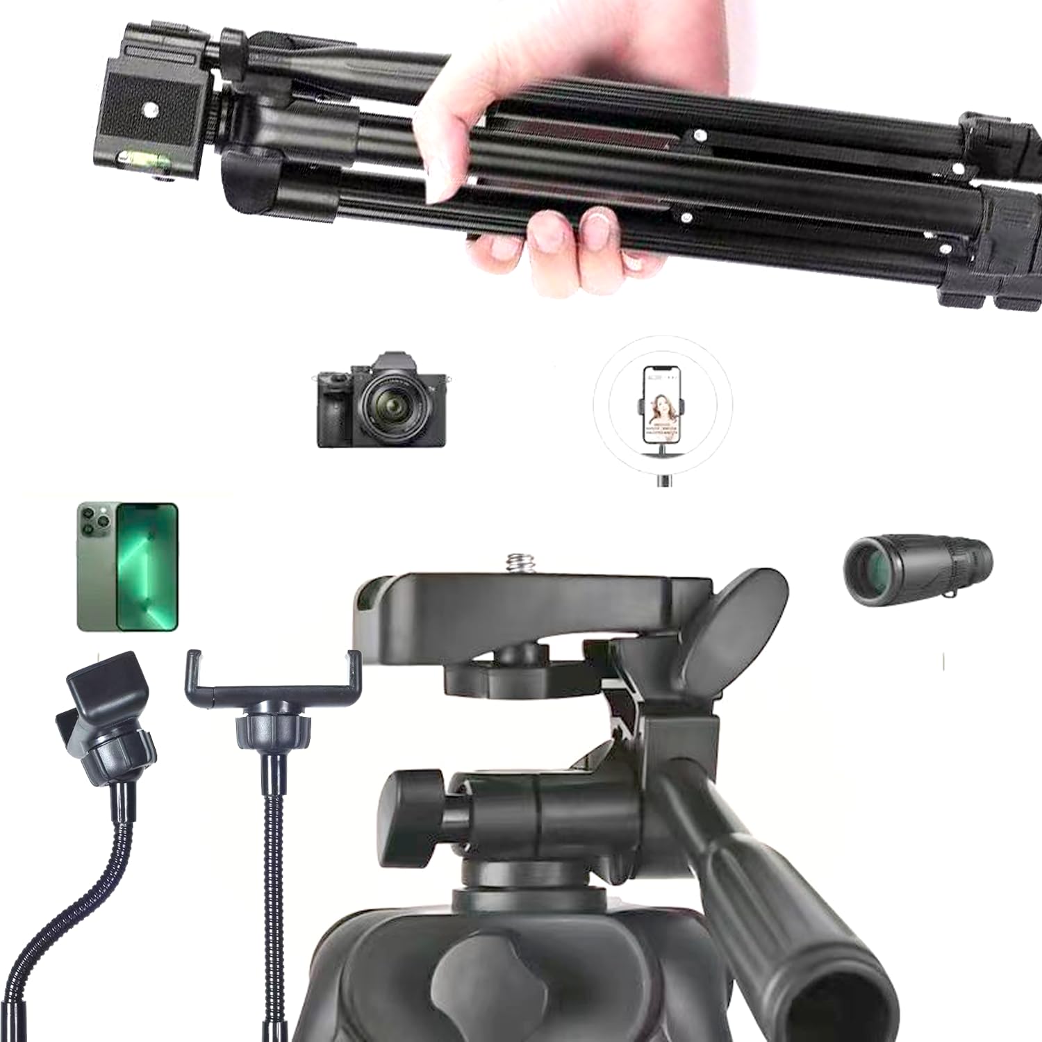 Yotetion 60" Aluminum Phone & Camera Tripod With Gooseneck Stand, Extendable Cell Phone Tripod Stand Compatible With Iphone/Android/Action Camera Is Perfect For Live Streaming/Video Recording/Selfies
