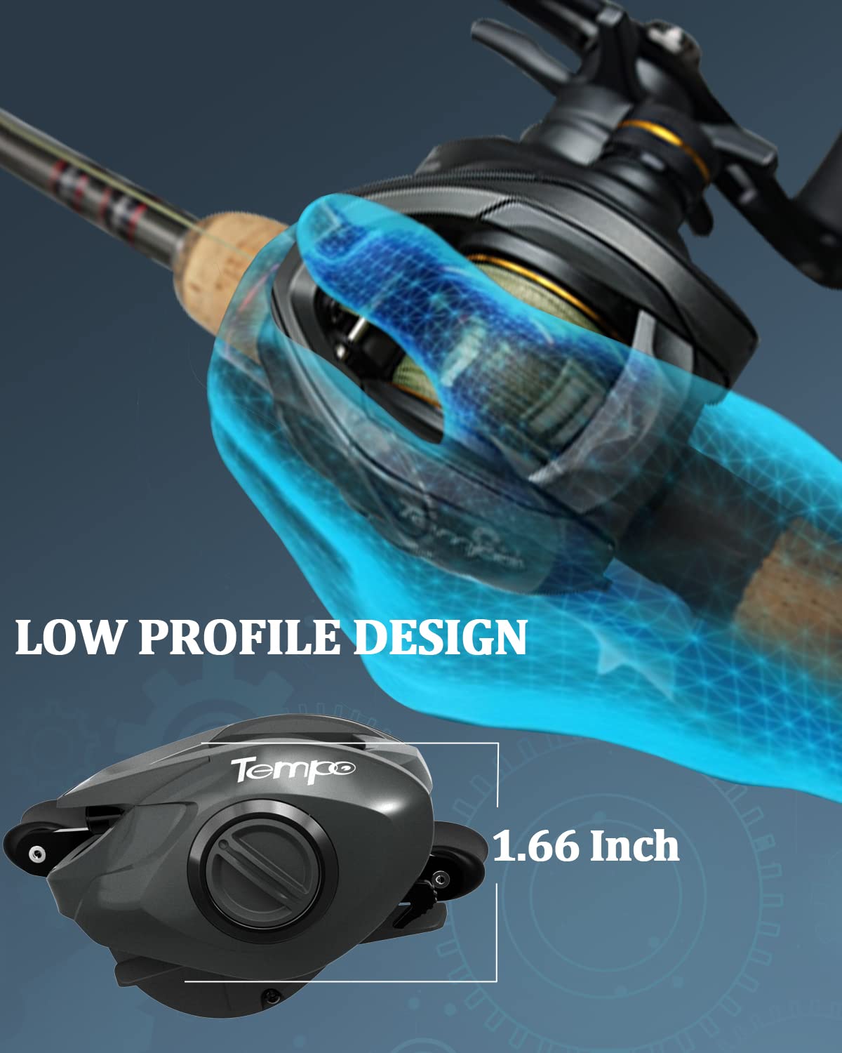 Tempo Baitcasting Reel, Super Smooth 9+1 Bb,20Lbs Carbon Fiber Drag, 6.6:1 Brass Gear Ratio Low Profile Design Fishing Reel, Magnet Braking System Baitcaster Reel,Dark Grey Left