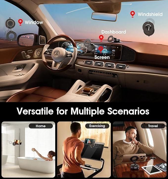 360° Magnetic Phone Holder with Vacuum Suction Base Adjustable & Foldable Stand for Desk & Car Mount Use