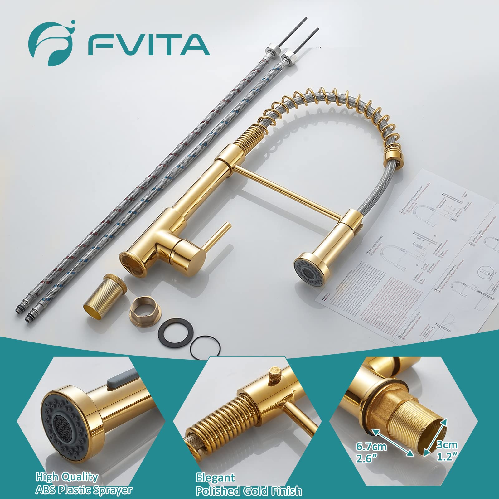 Fvita Kitchen Faucet With Pull Down Sprayer Polished Gold Kitchen Sink Faucet Single Handle Spring Single Hole Faucet For Kitchen Sink