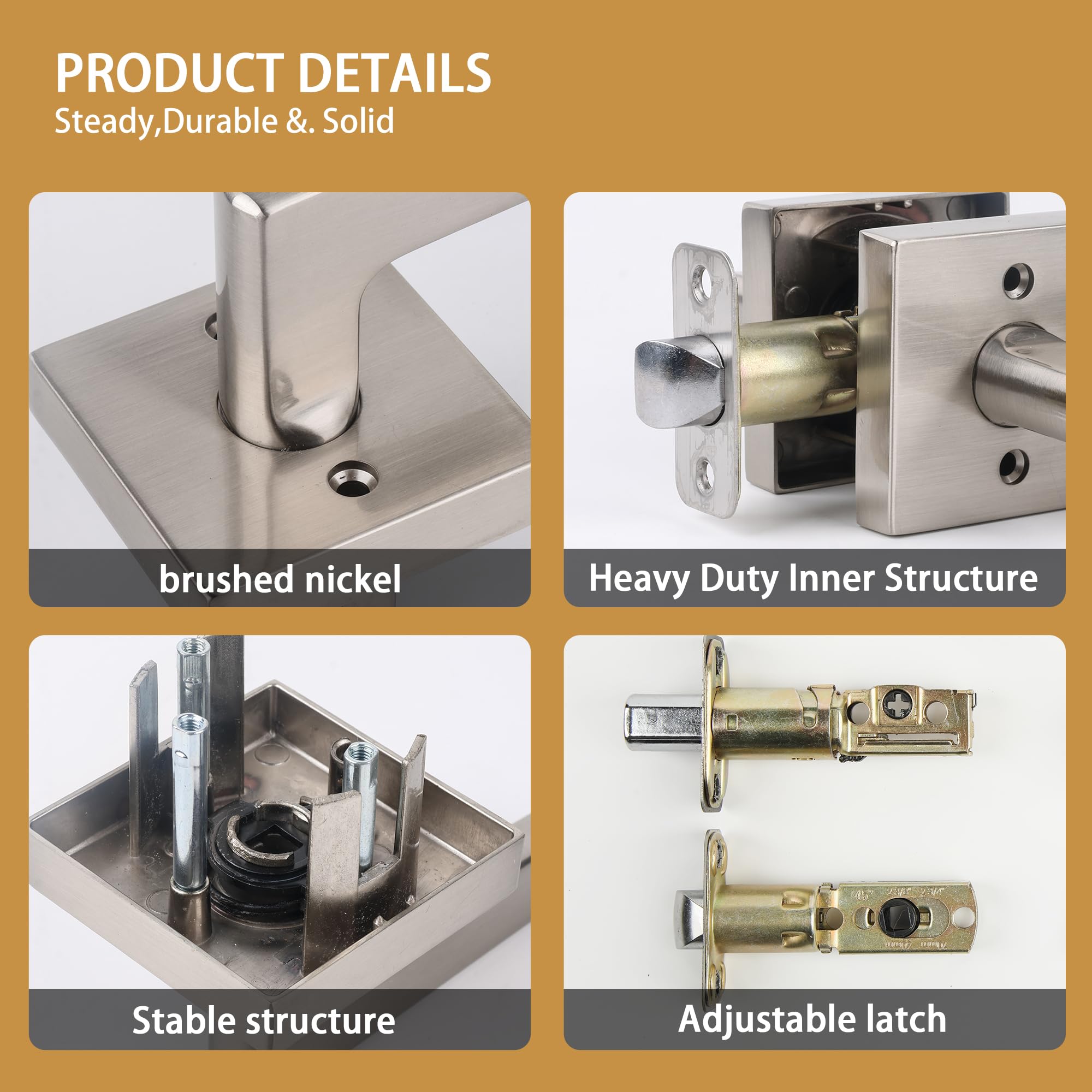 Jesstti Deadbolt Lock And Door Knob Set, Exterior Door Lock Set With Deadbolt, Square Dead Bolt Locks For Exterior Doors, Heavy Duty Entry Door Lever With Single Cylinder Deadbolt, (Satin Nickel 3Pack)