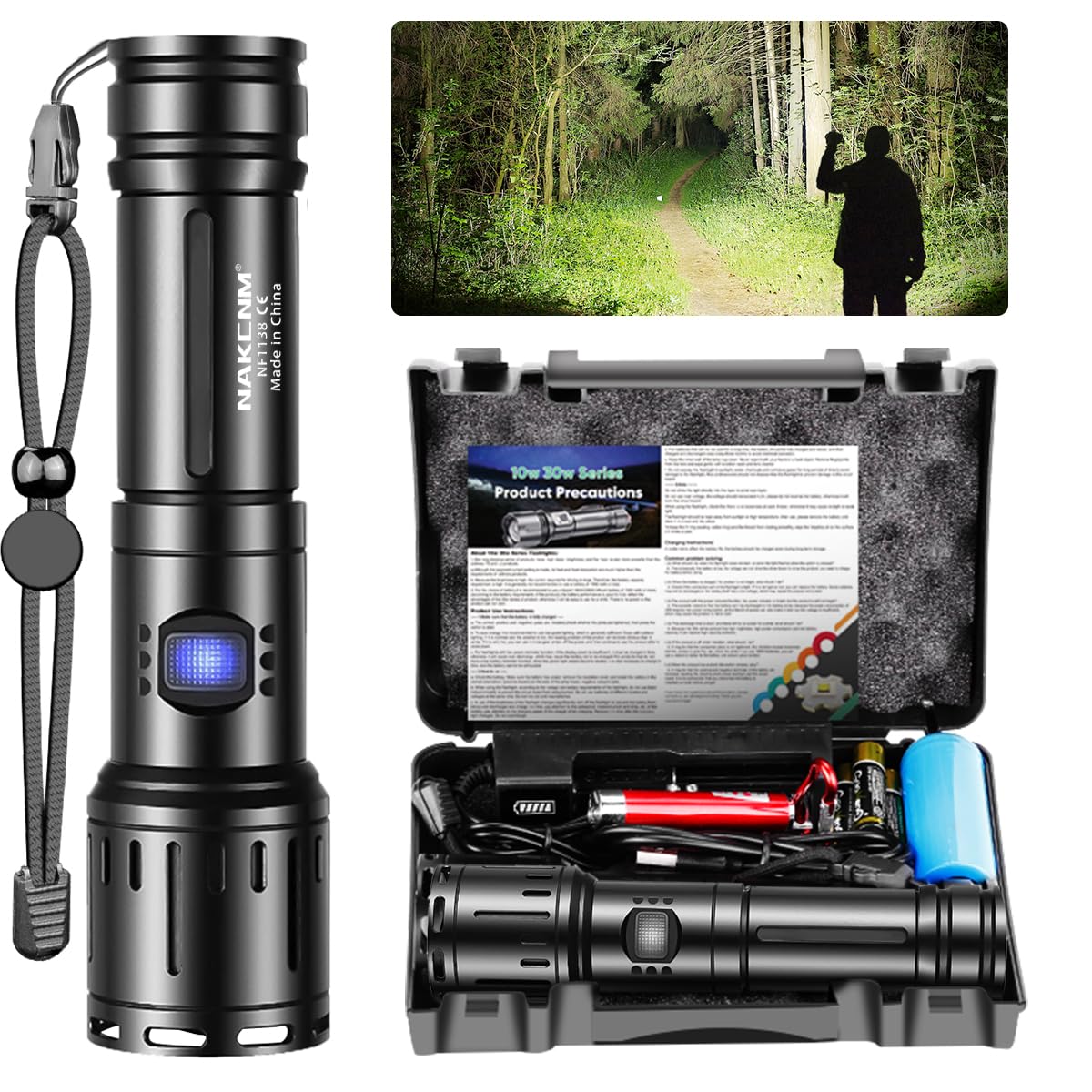 Nakcnm Flashlight High Lumens Rechargeable 200,000 Lumen Long Range 3280 Ft Super Bright Flashlights Powered, Powerful Handheld Flashlights For Emergencies Camping
