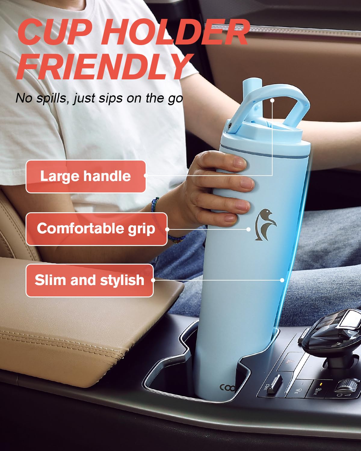 Coolflask Slima - 40Oz Insulated Water Bottle  Stainless Steel Tumbler With Straw & Handle  Fits