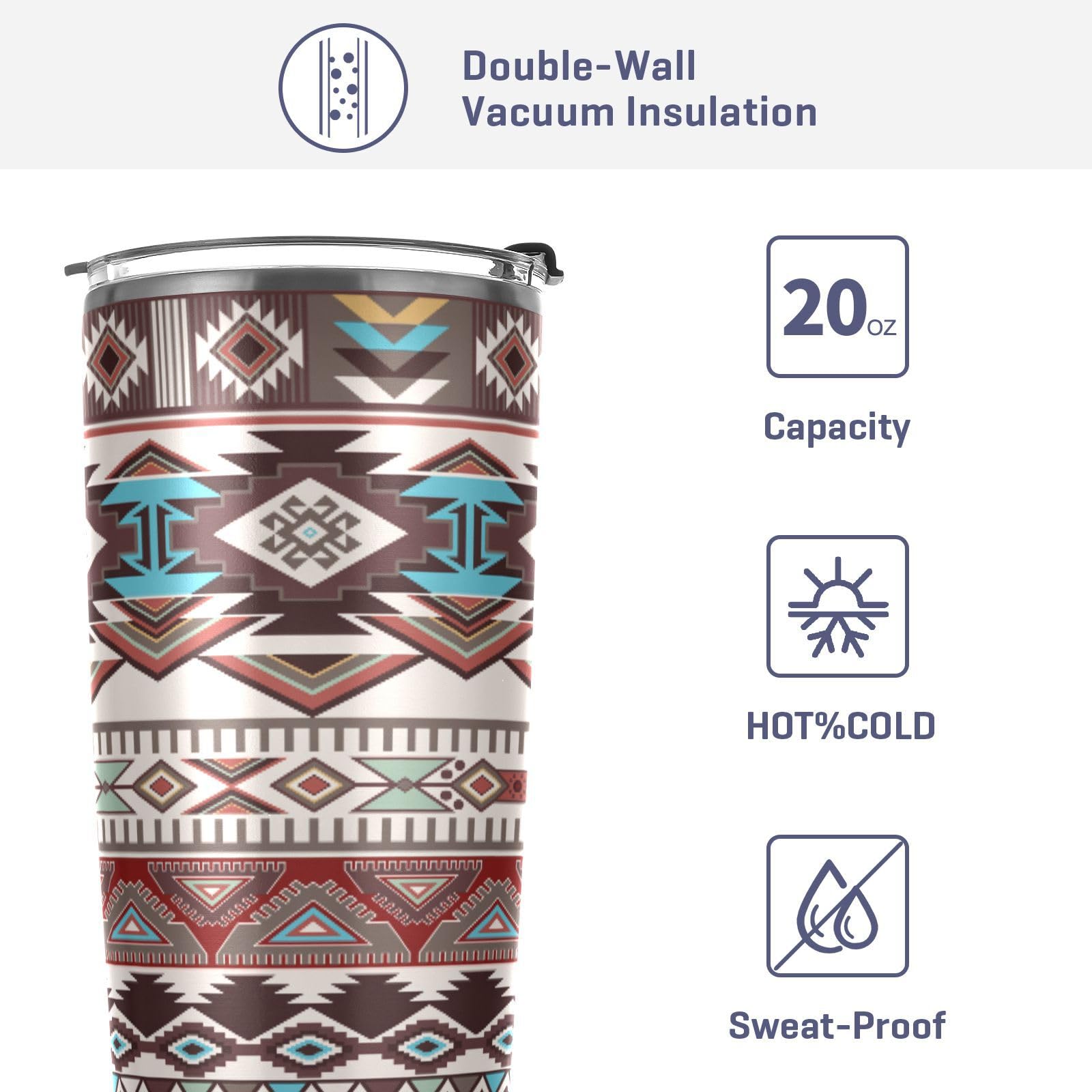 Aztec Navajo Tumbler With Straw Lid, 20Oz Stainless Steel Tumbler Cup Double Wall Vacuum Insulated