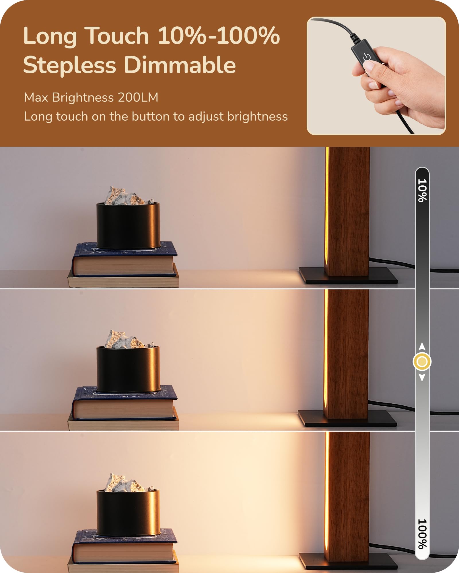 Edishine Led Table Lamp, Small Wood Bedside Lamp With 3 Color Temperature, Stepless Dimmable & Memory Function, Touch Control Square Nightstand Lamp For Bedroom, Living Room, One-Step Installation
