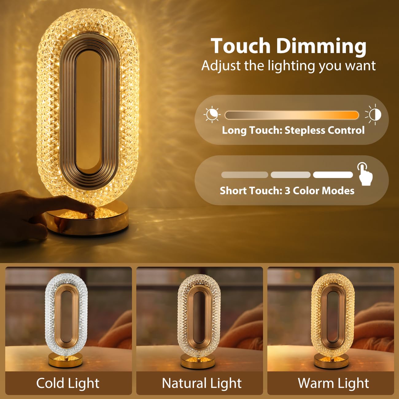Lewondr Oval Table Lamp, Stepless Dimmable Touch Lamp With 3 Colors, Rechargeable Night Light With Usb Port, Crystal Modern Oval Light Bedside Lamp For Nightstand Desk Bedroom Living Room Home Decor