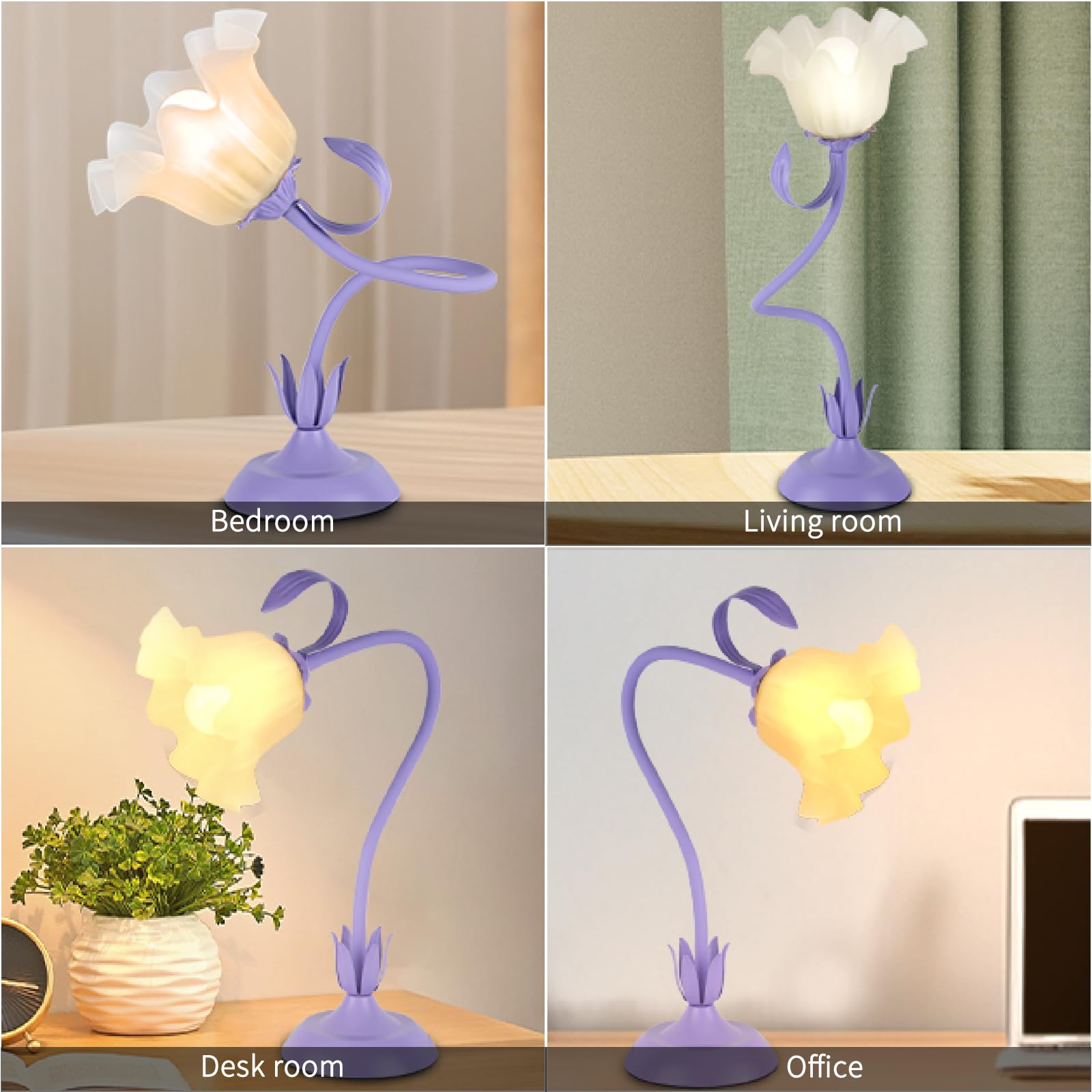 Fuzzbopn Cute Flower Desk Lamp, 3 Color Temperature Table Lamp With Led Bulb, Vintage Bedside Lamps, Reading Lamps With Soft Light For Bedroom, Living Room（Purple）