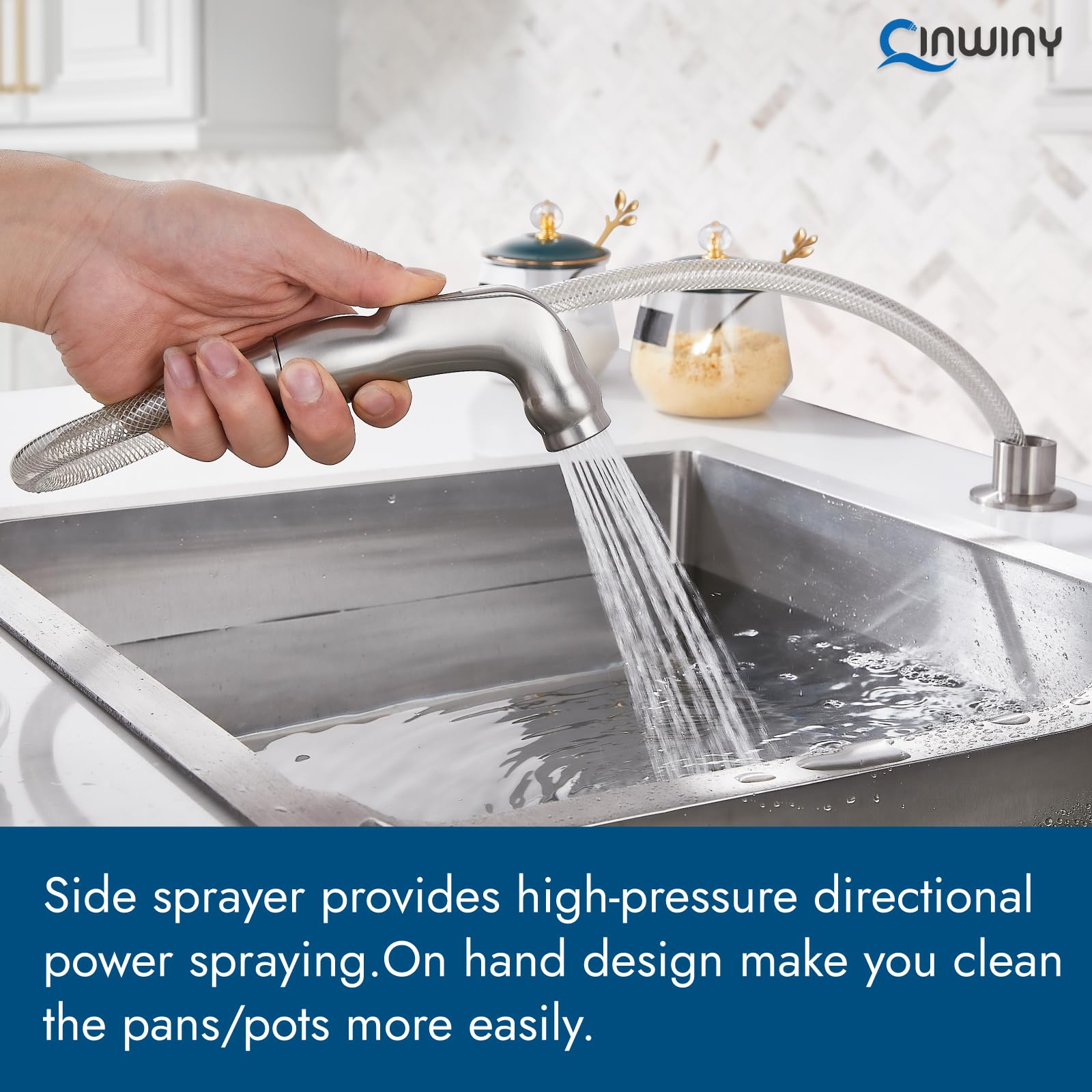 Cinwiny Kitchen Faucets,High Arc 360°Rotating Spout Kitchen Sink Faucet 2 Handle 8 Inch Centerset Rv Kitchen Faucet With Supply Lines,3 Hole Kitchen Faucet With Side Sprayer, Brushed Nickel